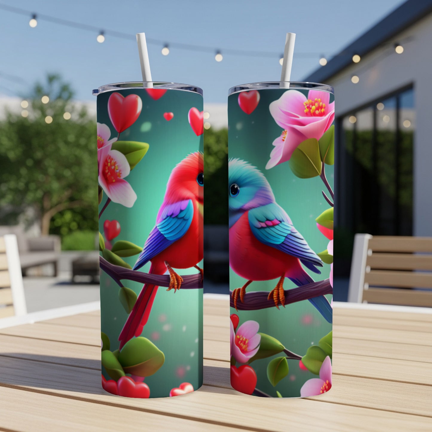 Two colorful birds, one red, one blue, perched on a branch with hearts and flowers.