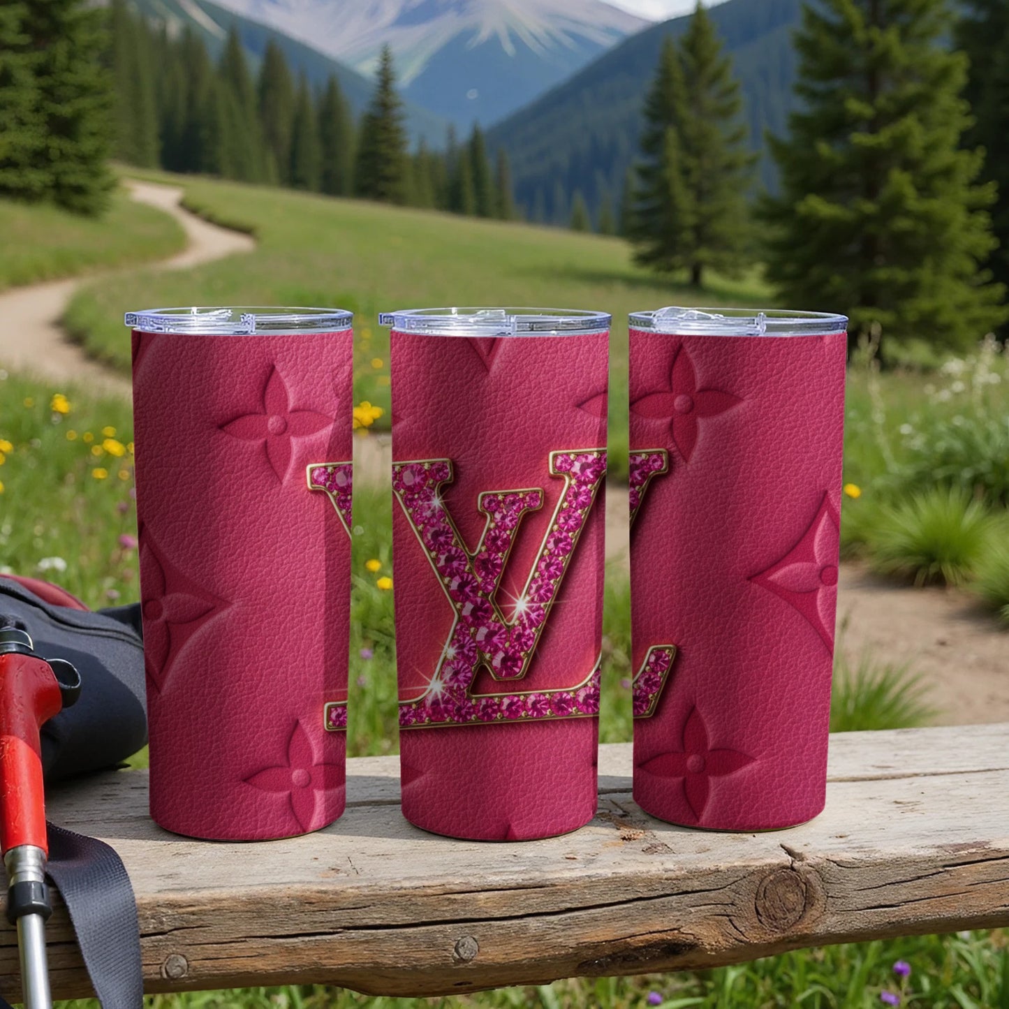 Pink Patterned LV Tumblers with Floral Accents Tumblers