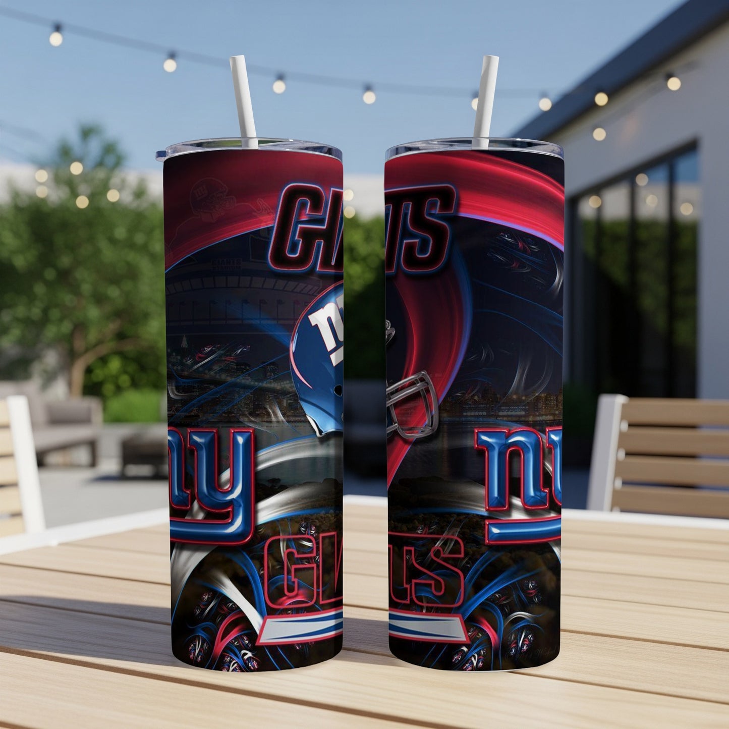 Two tumblers with "GIANTS" text, a football helmet, and stadium imagery.