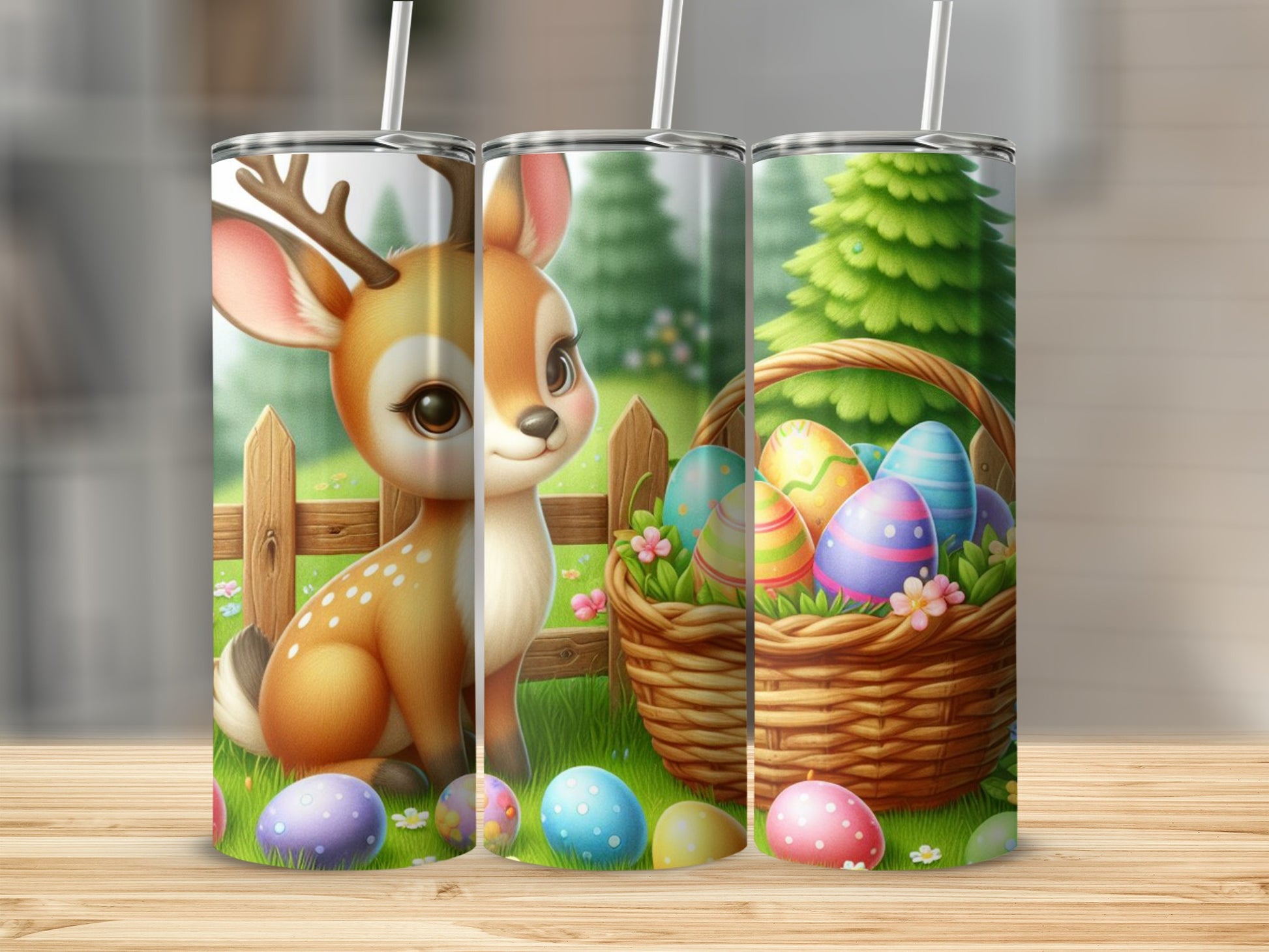 Easter tumbler with a deer, basket of eggs, and fence.