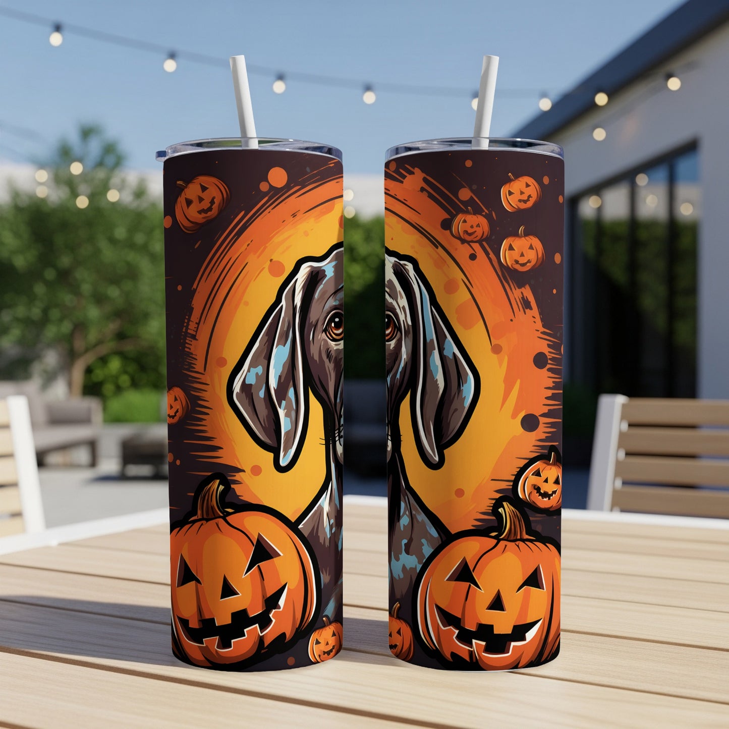 Two tumblers with a German Shorthaired Pointer and jack-o'-lantern Halloween design.