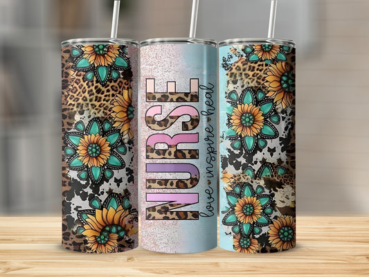Leopard print and floral nurse tumbler with "love inspire heal" text.