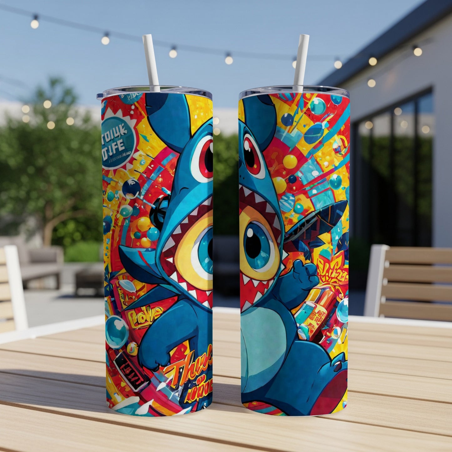Two tumblers featuring a cartoon monster design with vibrant abstract art.