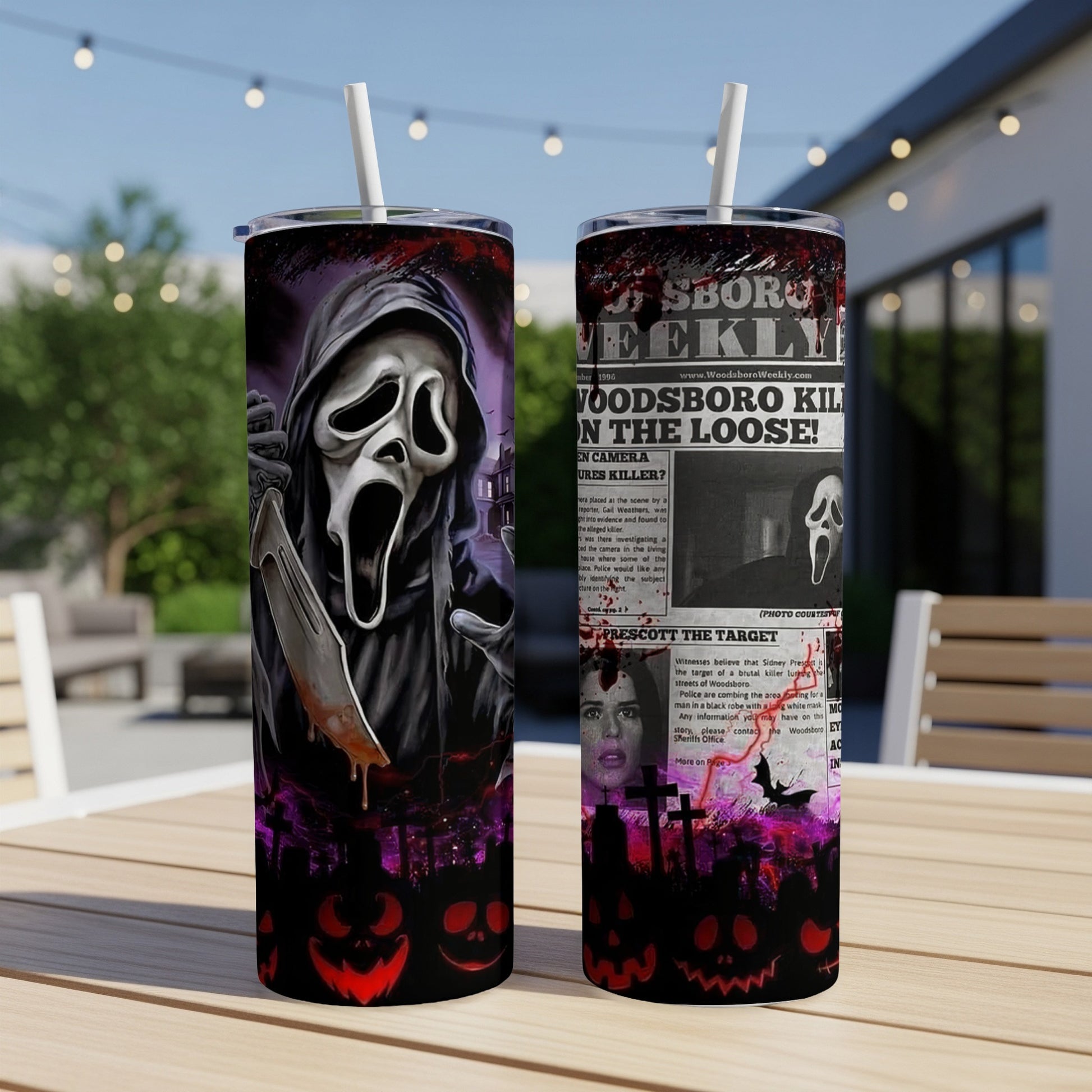 Tumbler with a "Scream" movie-themed design and newspaper headlines.