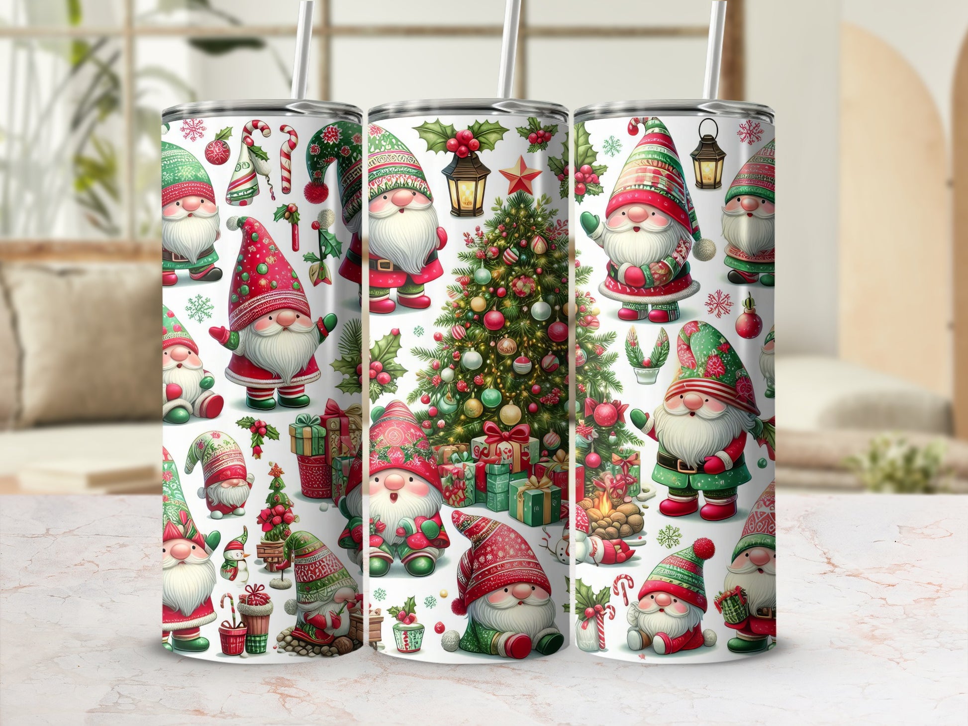 Christmas gnomes and festive ornaments on patterned tumblers with straws.