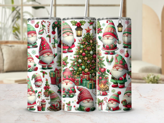 Christmas gnomes and festive ornaments on patterned tumblers with straws.