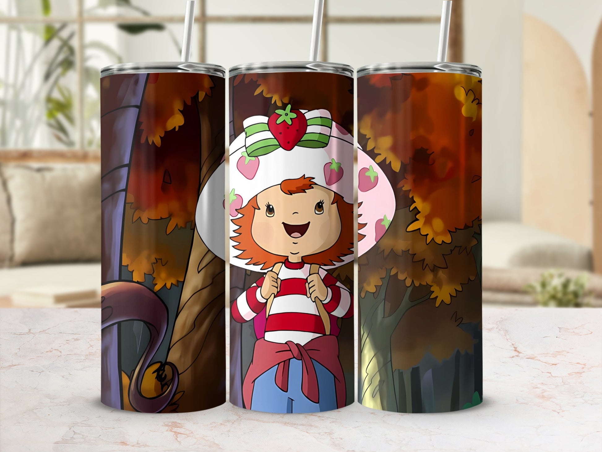 Strawberry Shortcake character in striped shirt and hat holding a backpack.