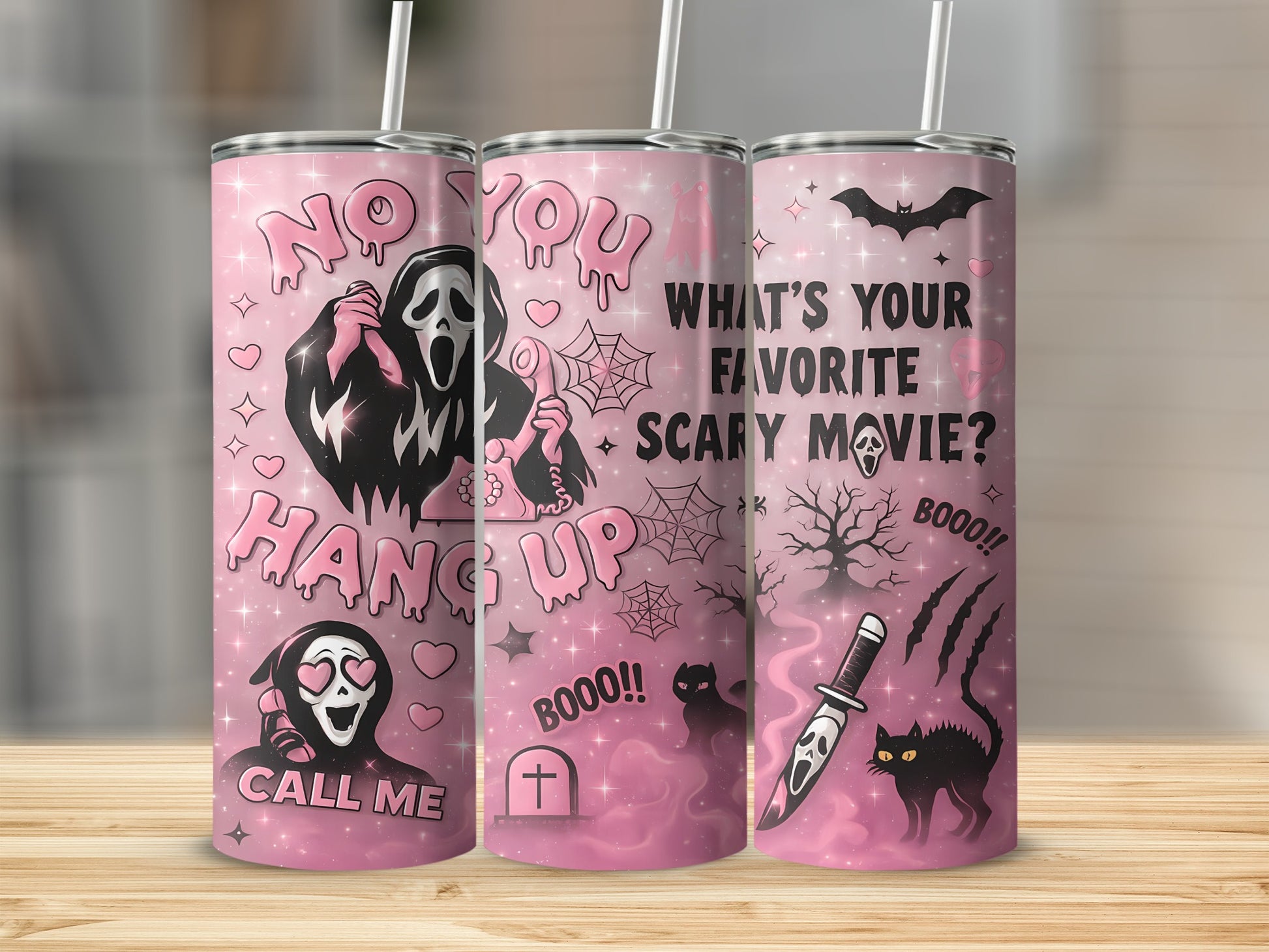 Pink tumbler with Ghostface, text, bat, knife, and cat.