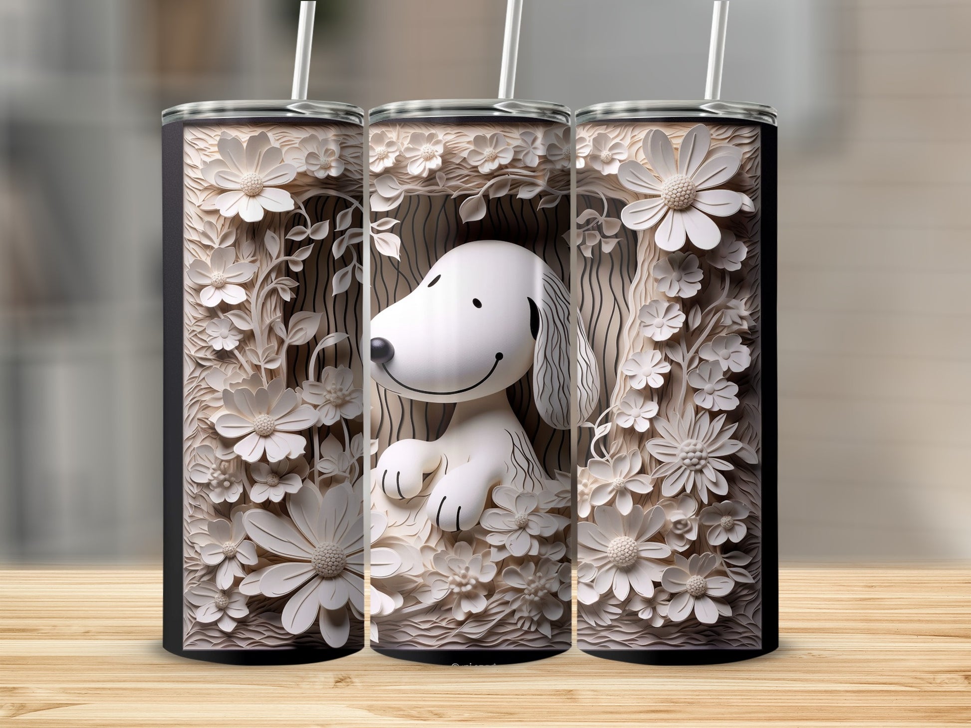 Floral and Cartoon Dog Design Travel Tumbler Product