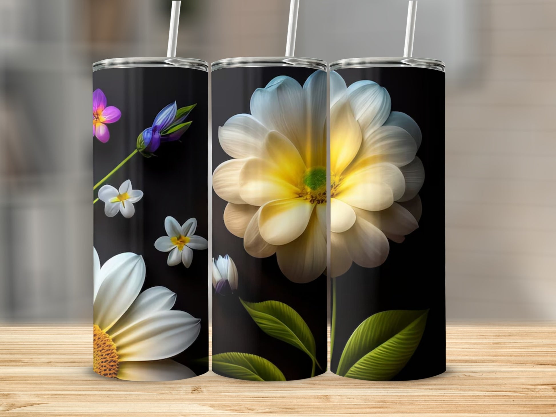 Vibrant Floral Design Tumbler Set with Straws