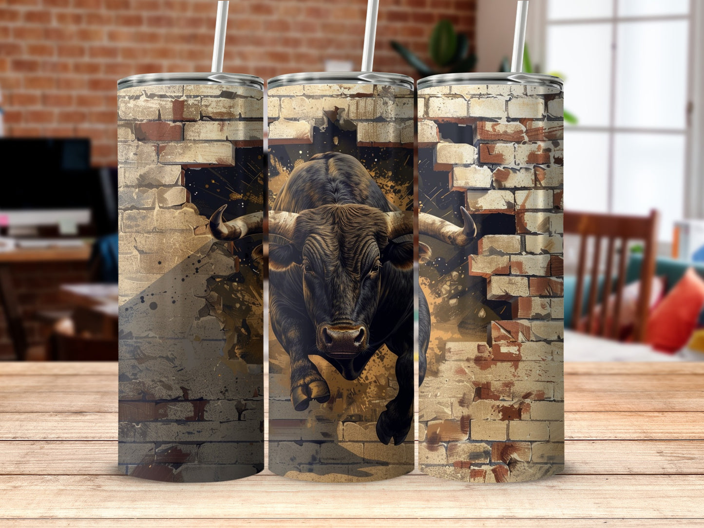 Furious Bull Charging Shattered Brick Wall Product Type