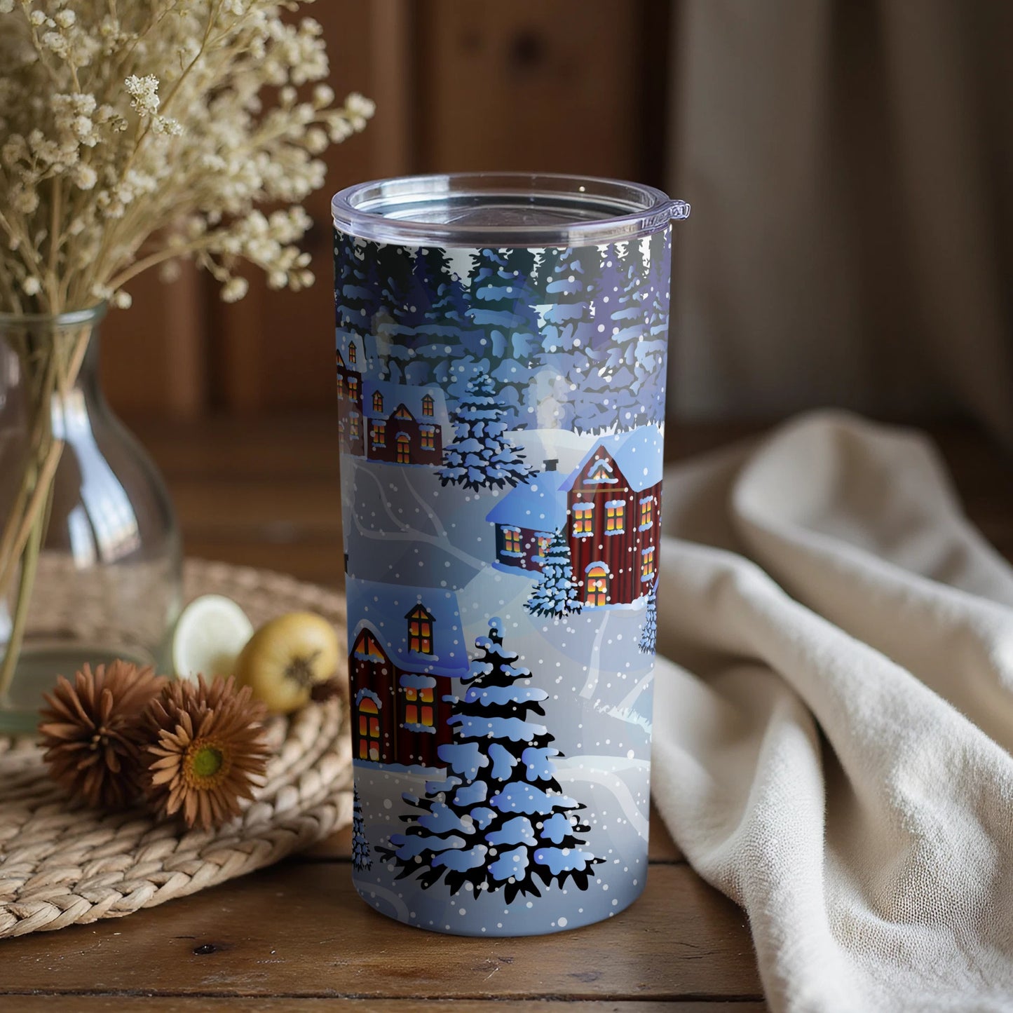 Snowy Village Winter Design Travel Tumbler