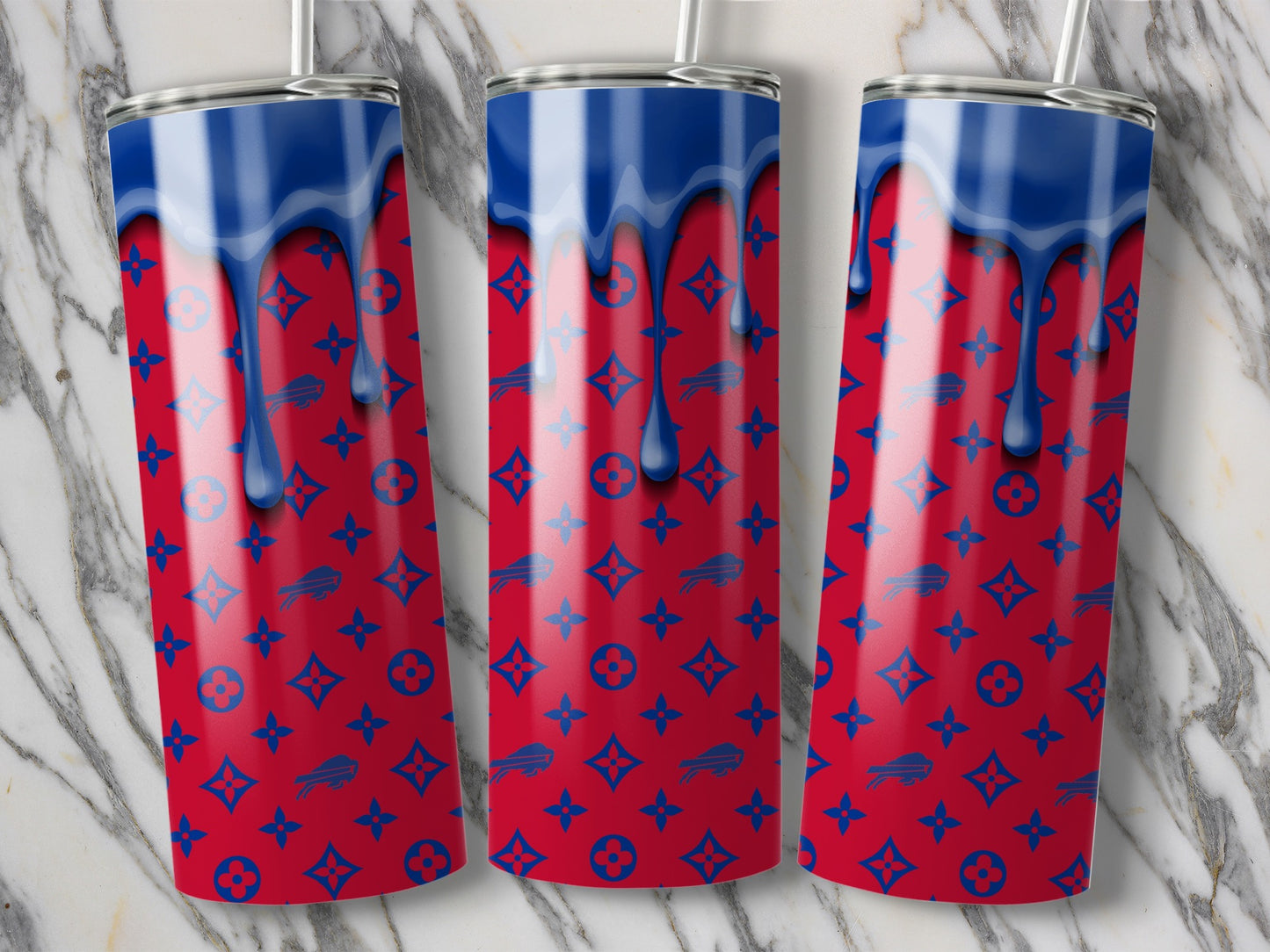 Buffalo Bills Blue Drip on Designer Background Tumblers