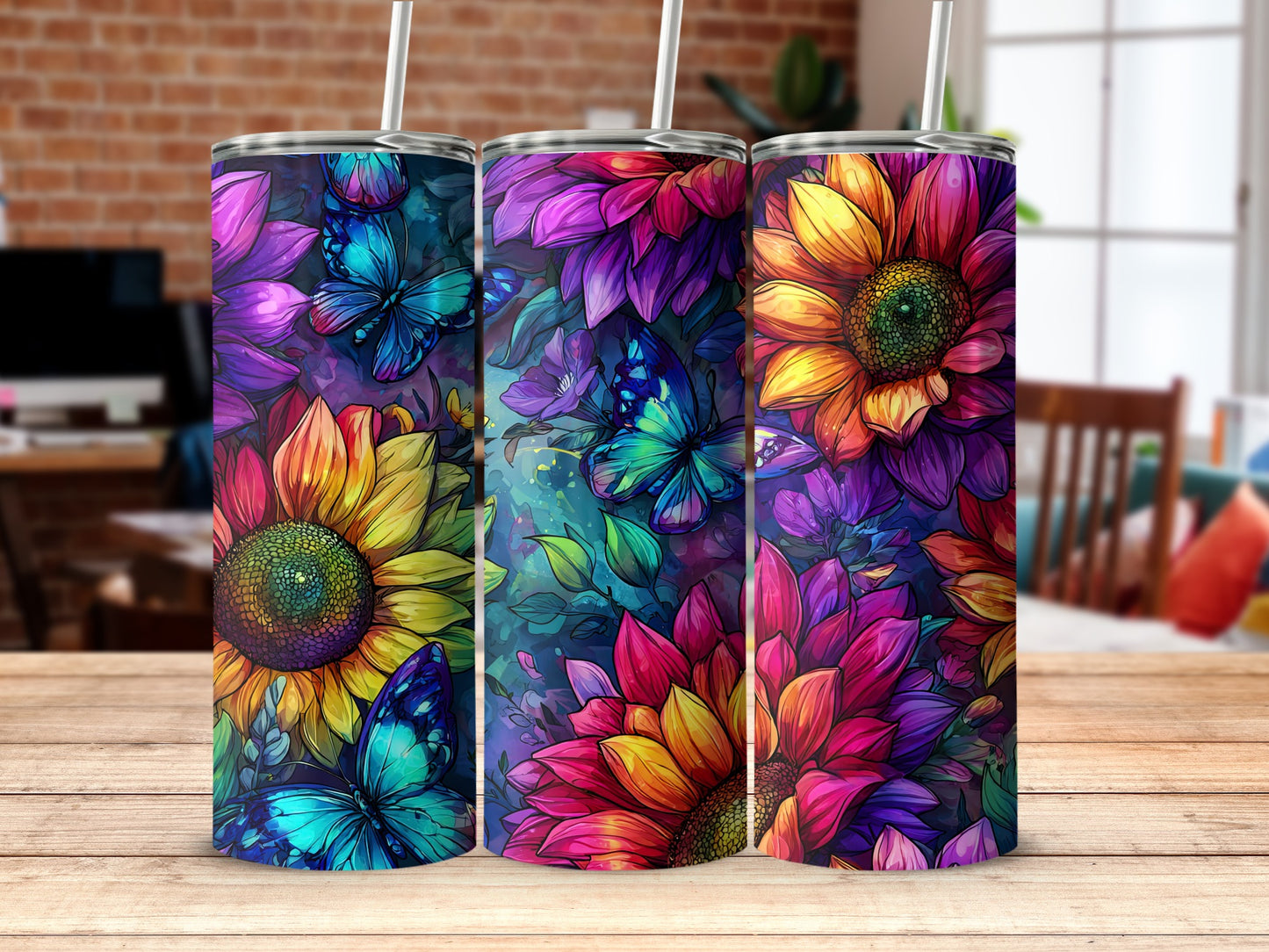 Colorful Floral and Butterfly Tumbler Design