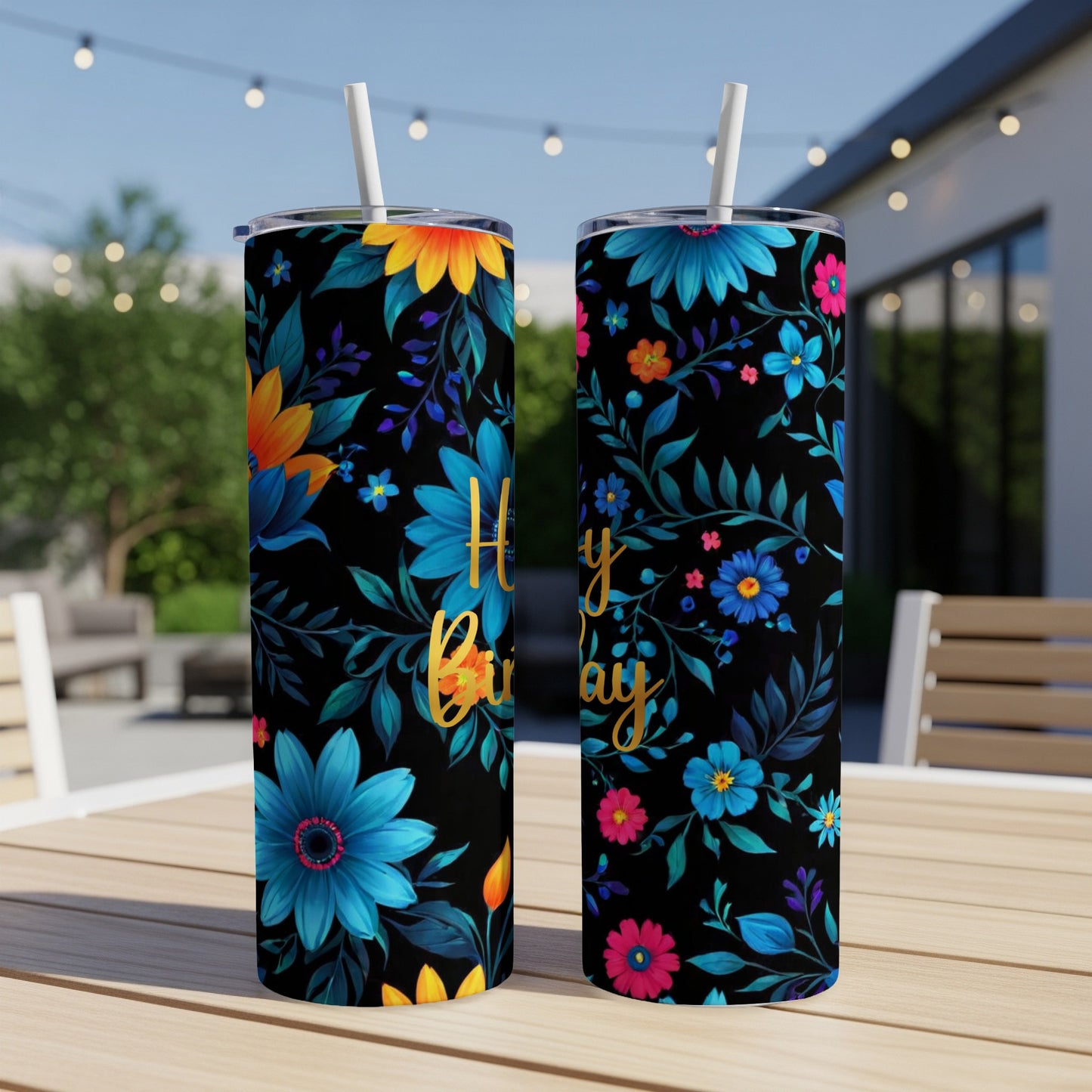 Two tumblers with a black floral pattern and "Happy Birthday" text.