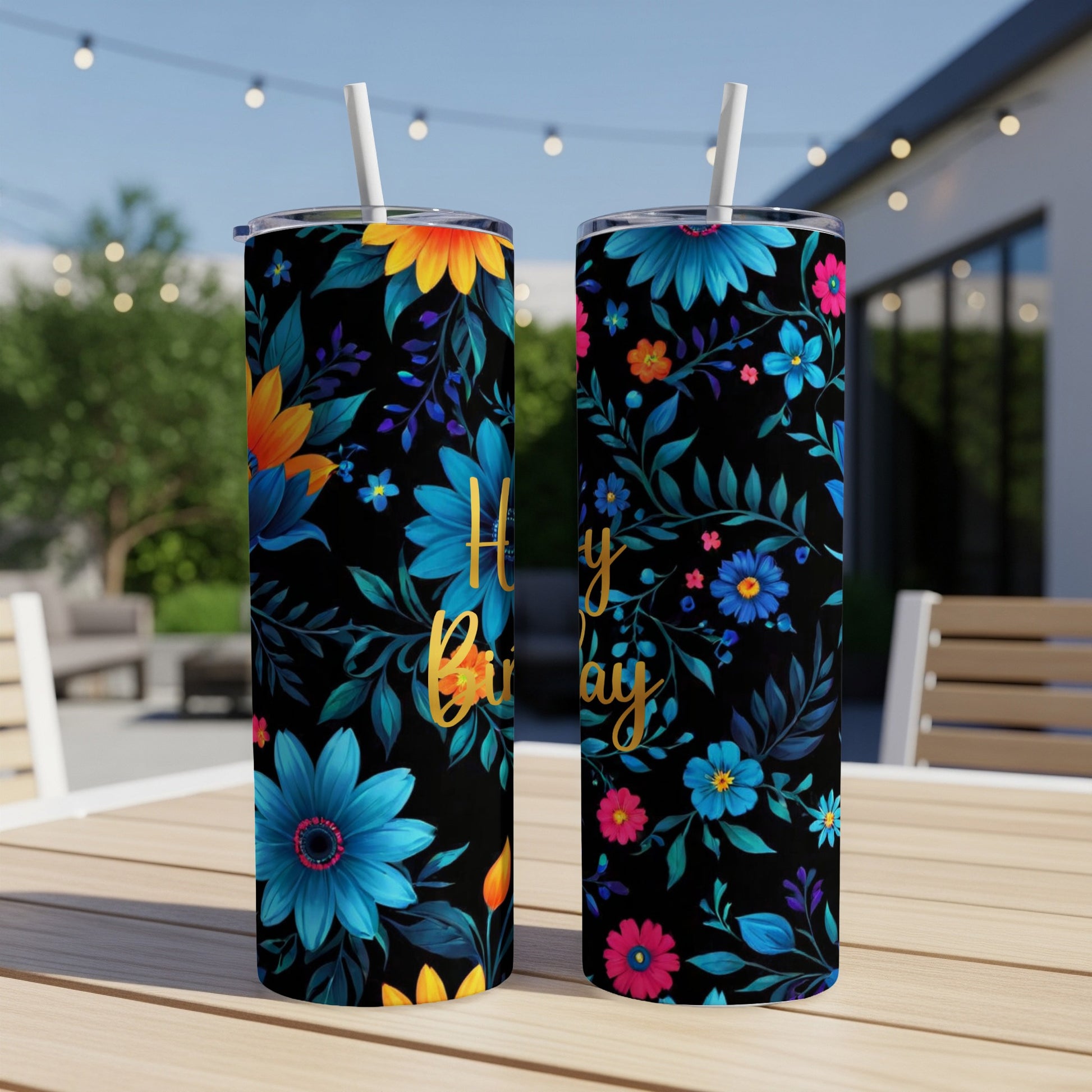 Two tumblers with a black floral pattern and "Happy Birthday" text.