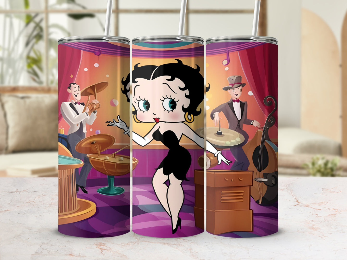 Betty Boop in a band scene with musicians and instruments.