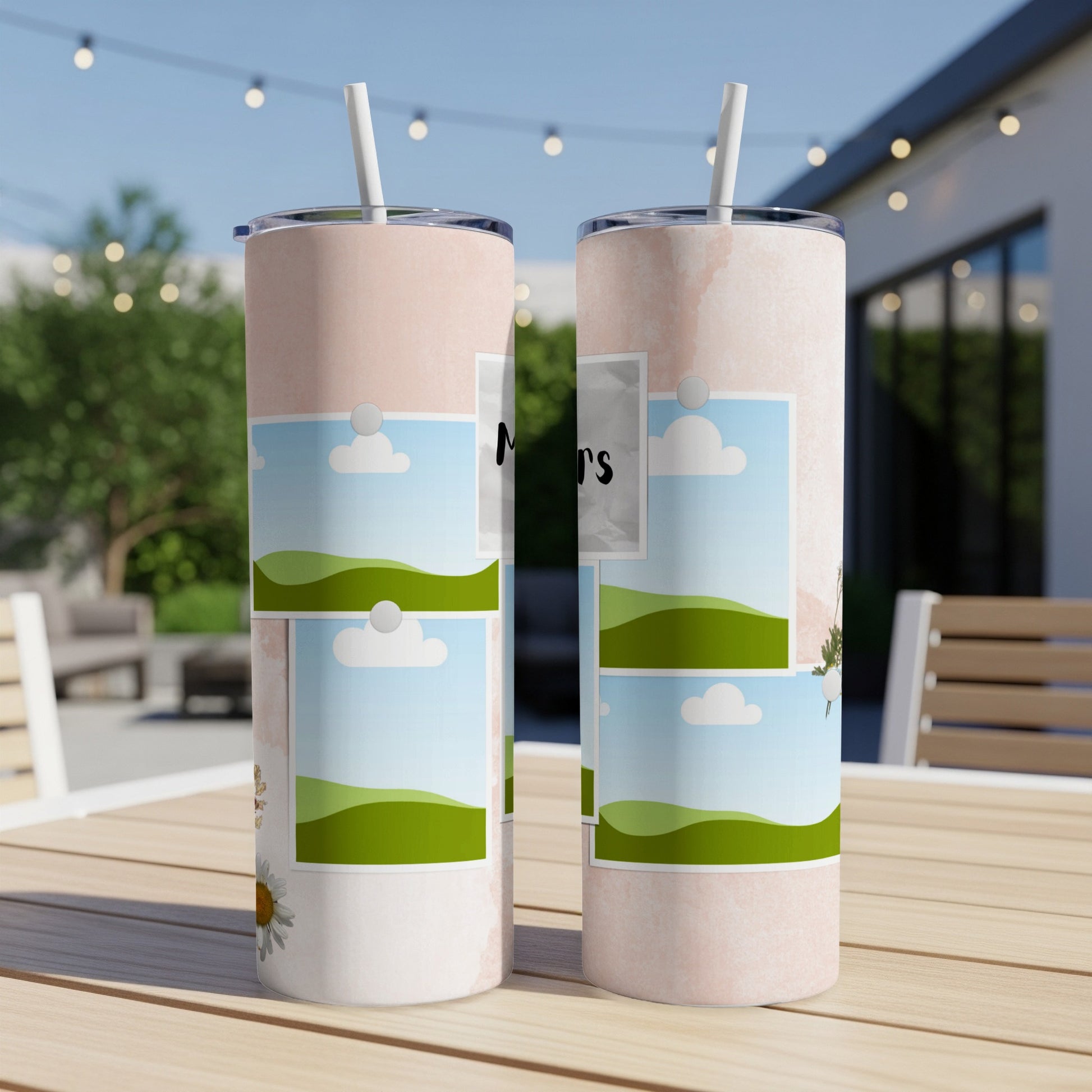Two tumblers with a pastel background and photo collage design sit on a table.