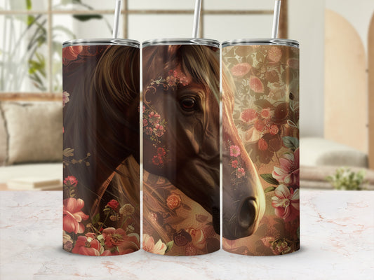 Horse portrait with floral accents on three tumblers.