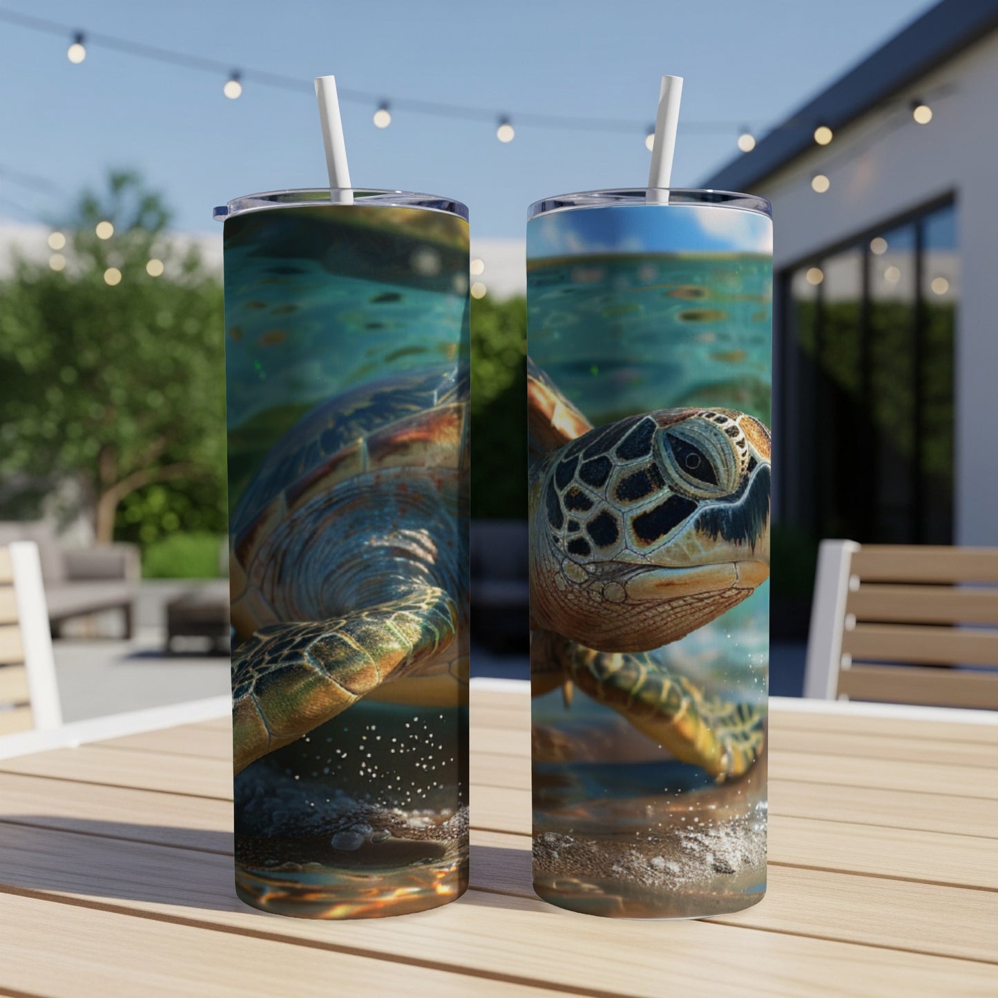 Sea turtle emerging from clear water on a double-sided tumbler.