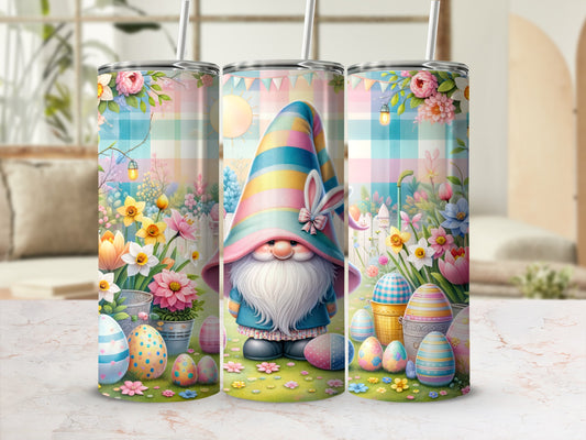 Easter gnome with colorful eggs, flowers, and a pastel plaid background.