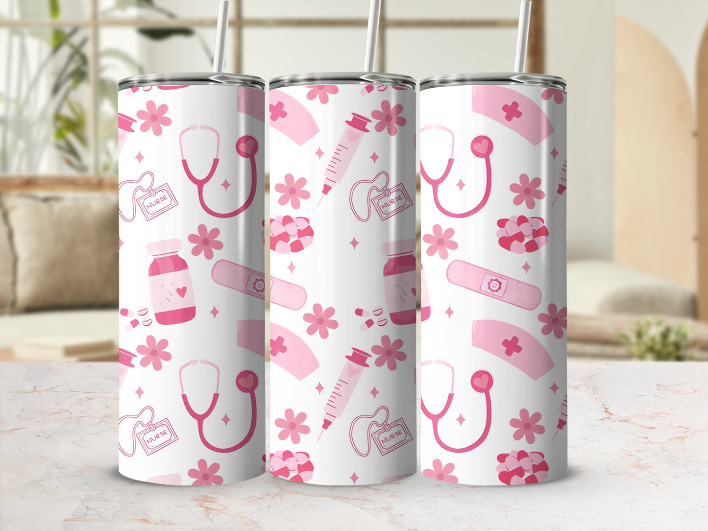 Pink tumbler with nurse-themed icons like stethoscope, syringe, and band-aid.