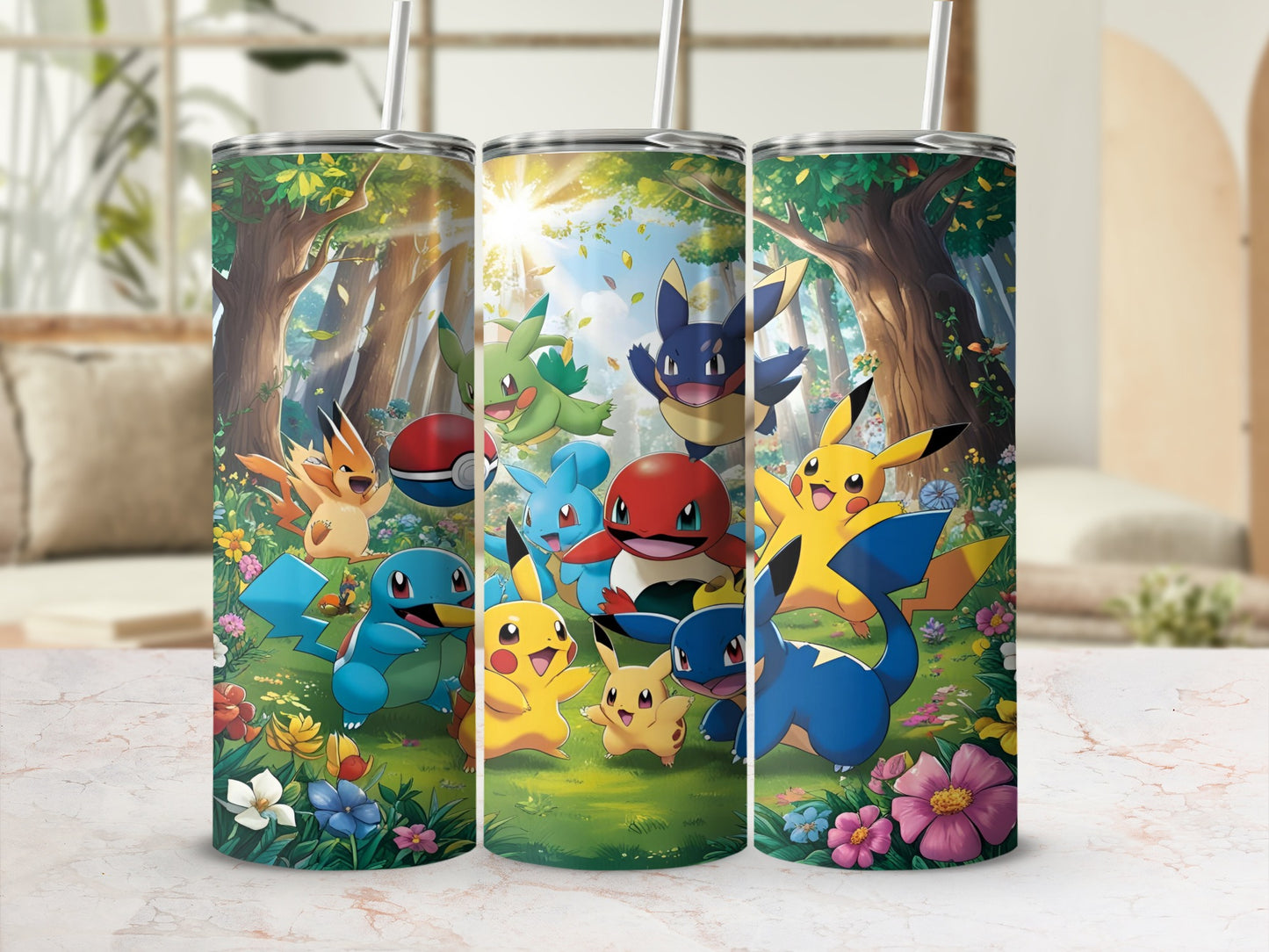 Pikachu, Charmander, Squirtle, and other Pokémon in a sunny forest clearing.