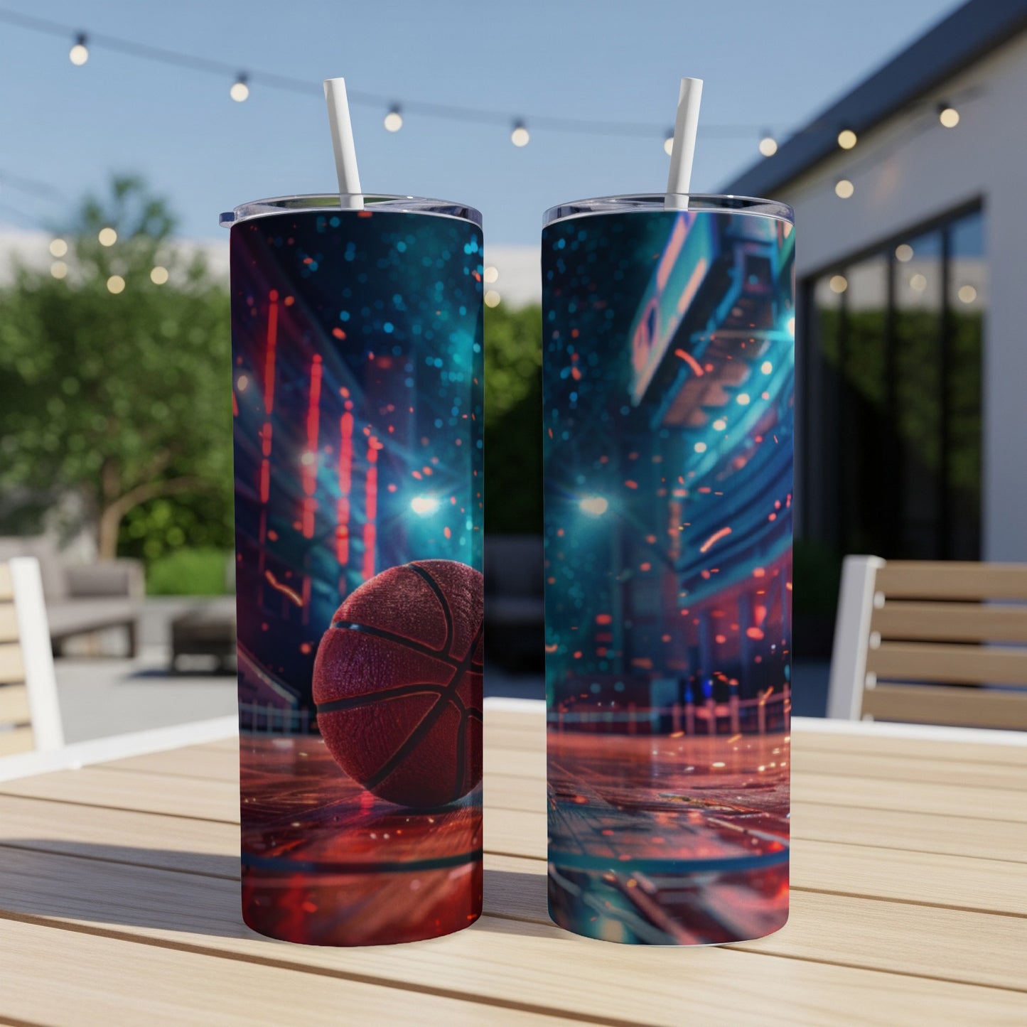 Basketball and abstract city lights on two tumblers.