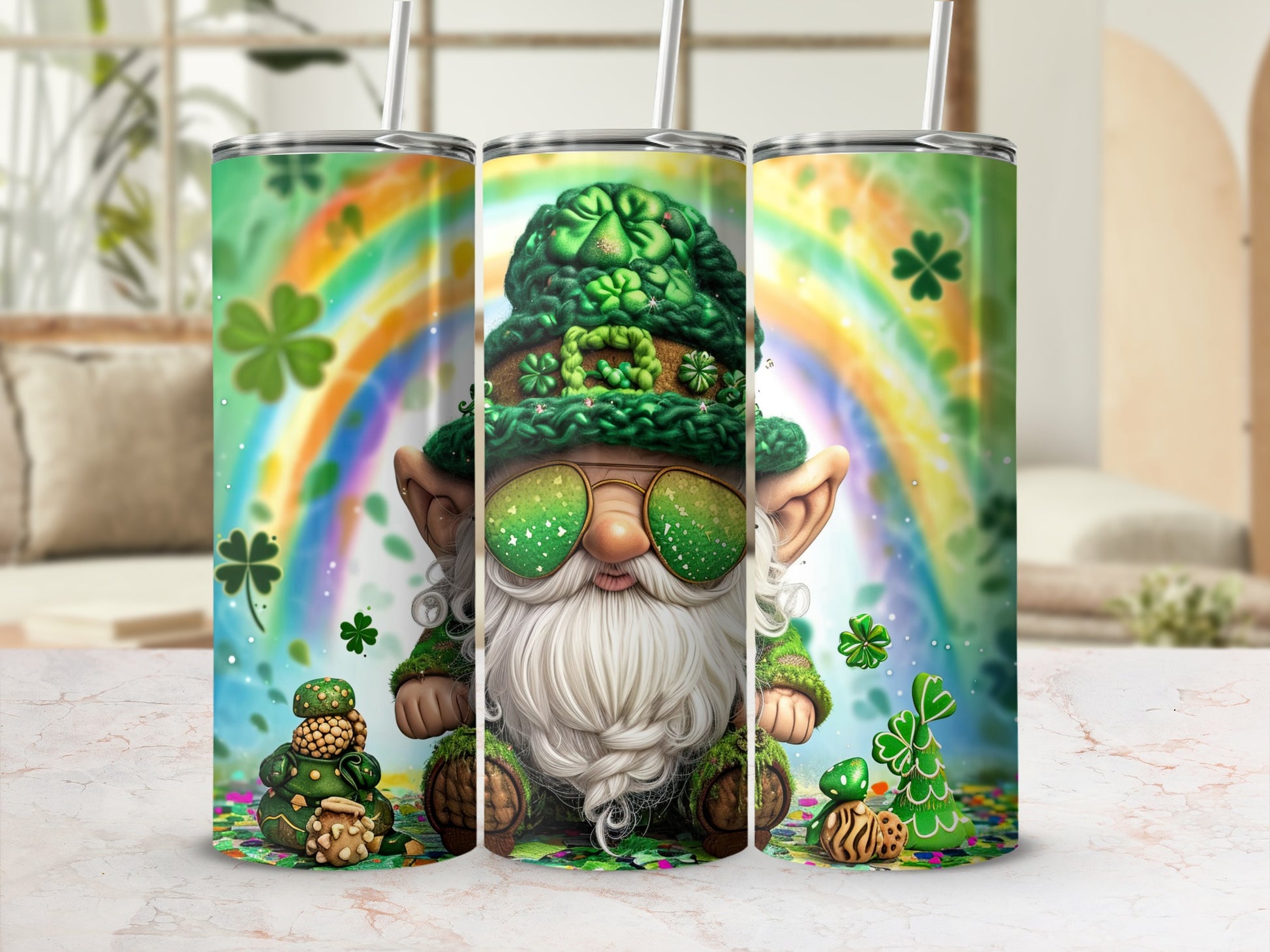 Green gnome with rainbow and shamrocks on a tumbler.