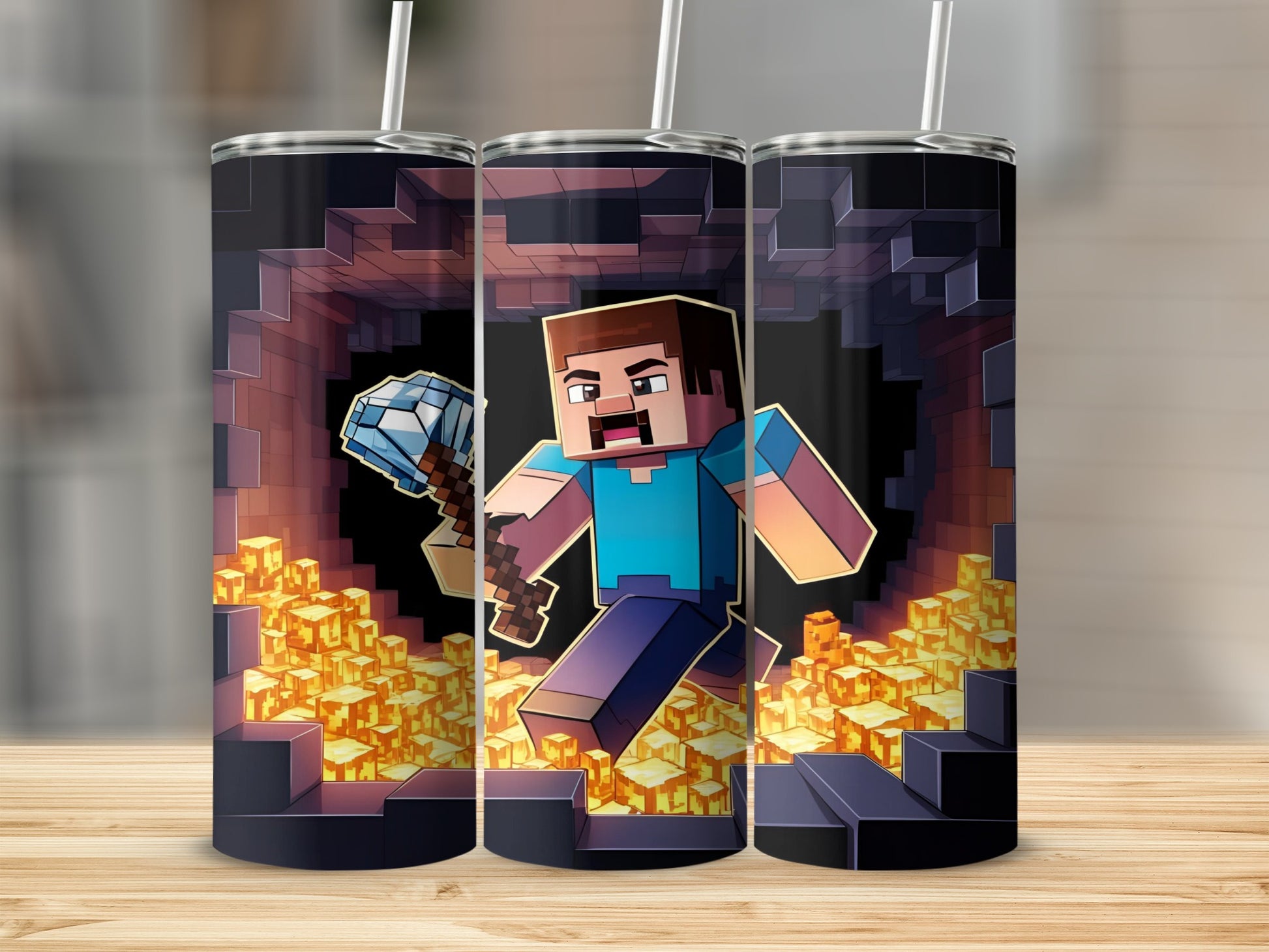 Minecraft character with diamond pickaxe running through gold blocks.