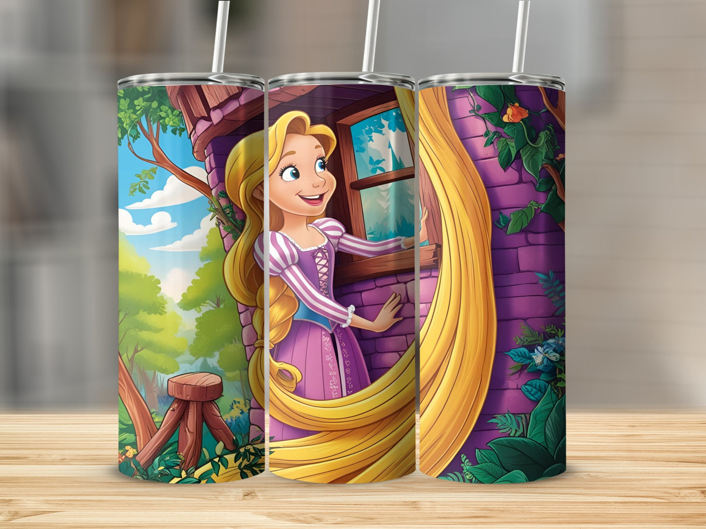 Rapunzel with long blonde hair looking out a castle window, with a purple dress.
