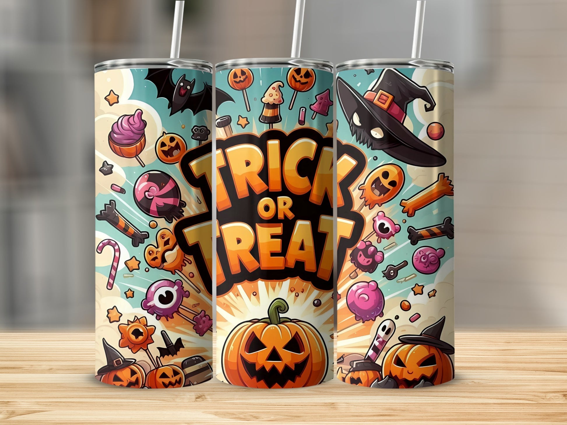 Halloween tumblers with candy, pumpkins, bats, and "Trick or Treat" text.