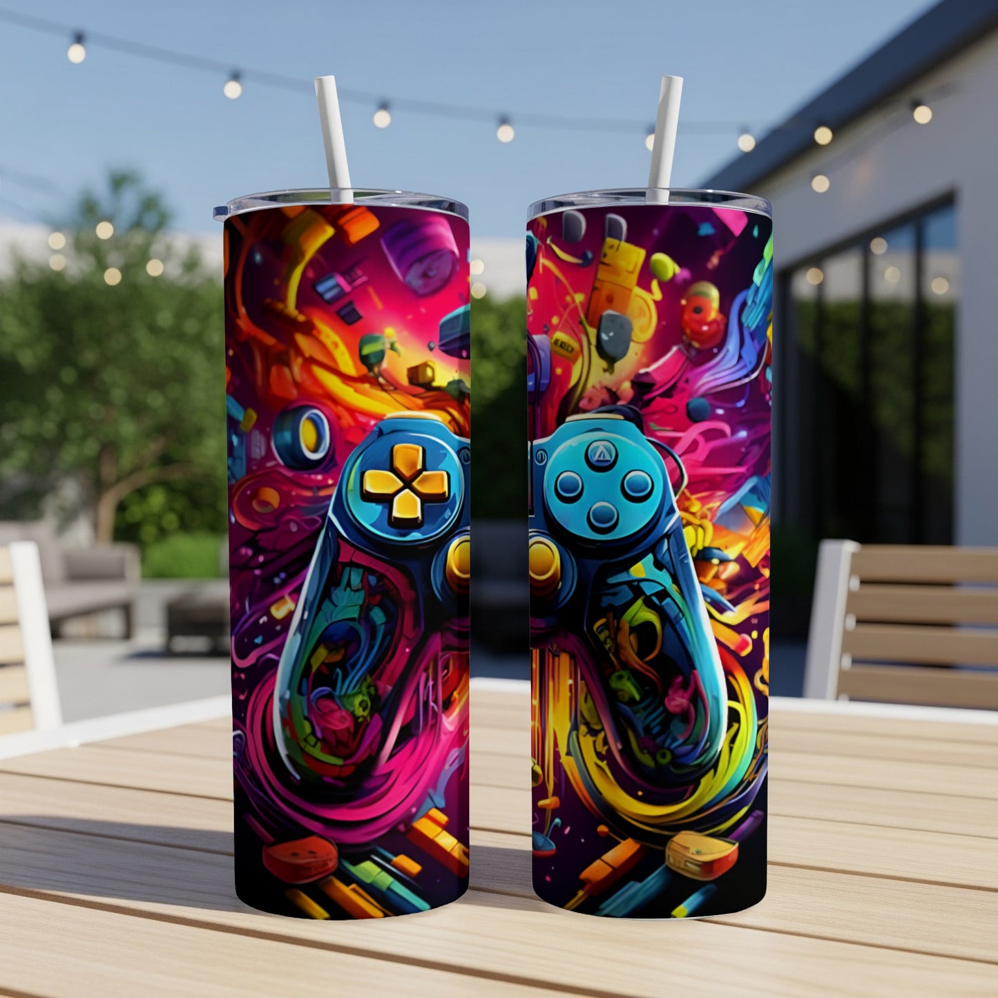Colorful video game controller design on a double-walled tumbler with straws.