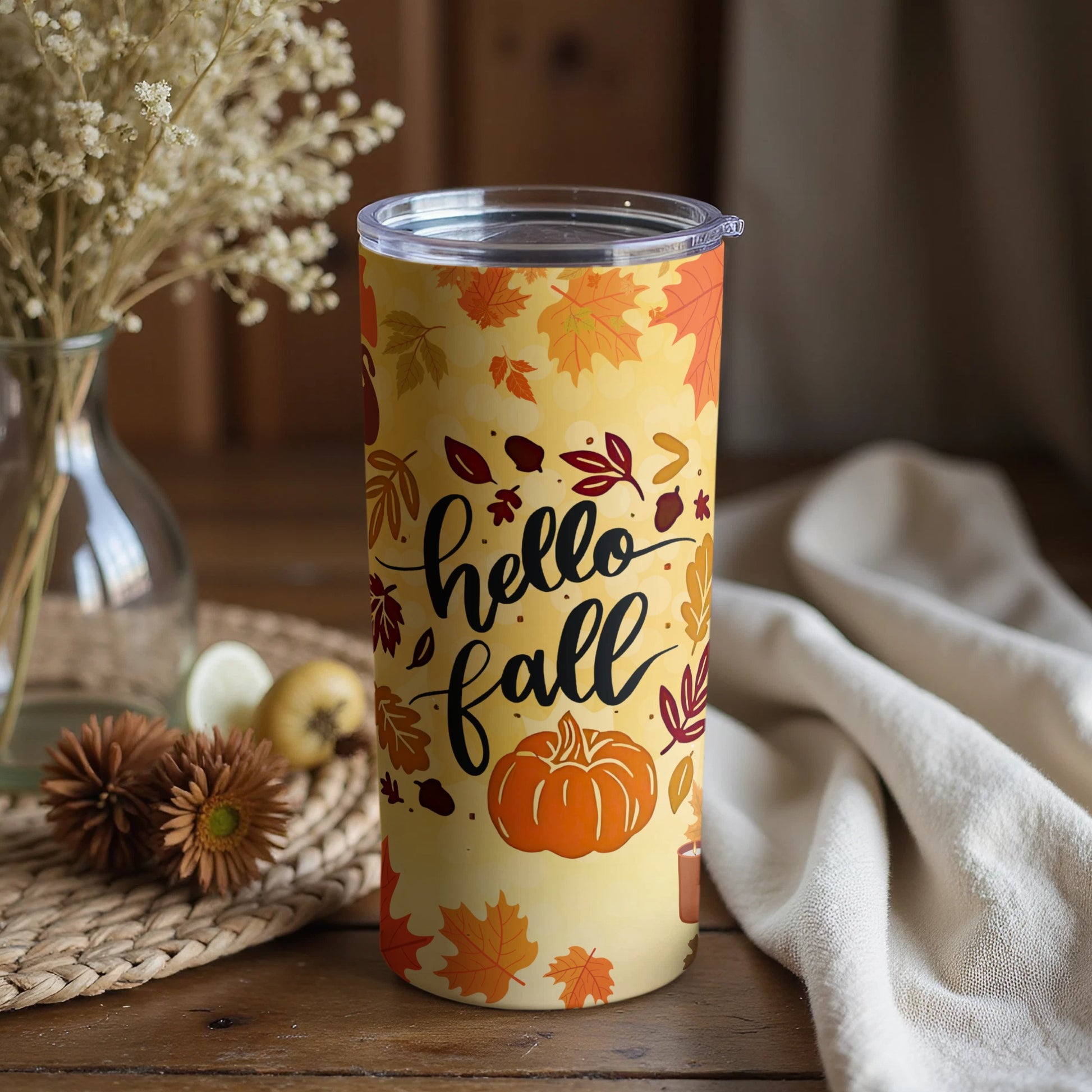 Autumn-Themed Tumbler with Hello Fall Design Flask