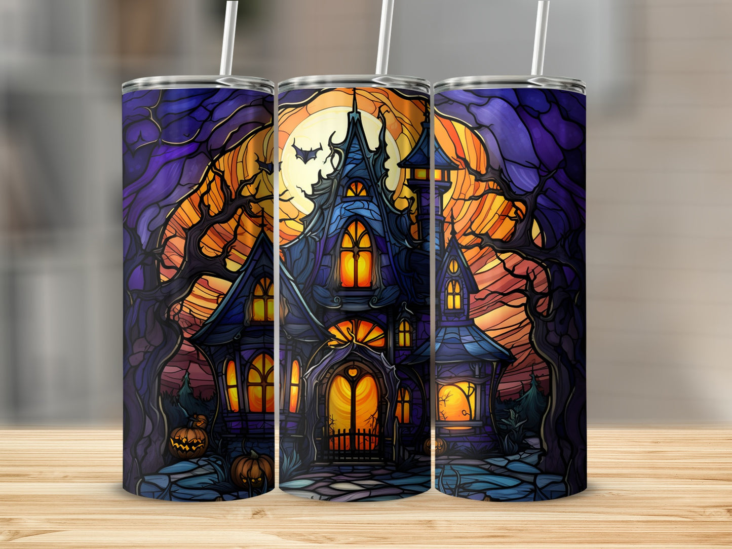 Haunted house under a full moon, stained glass style, Halloween theme.