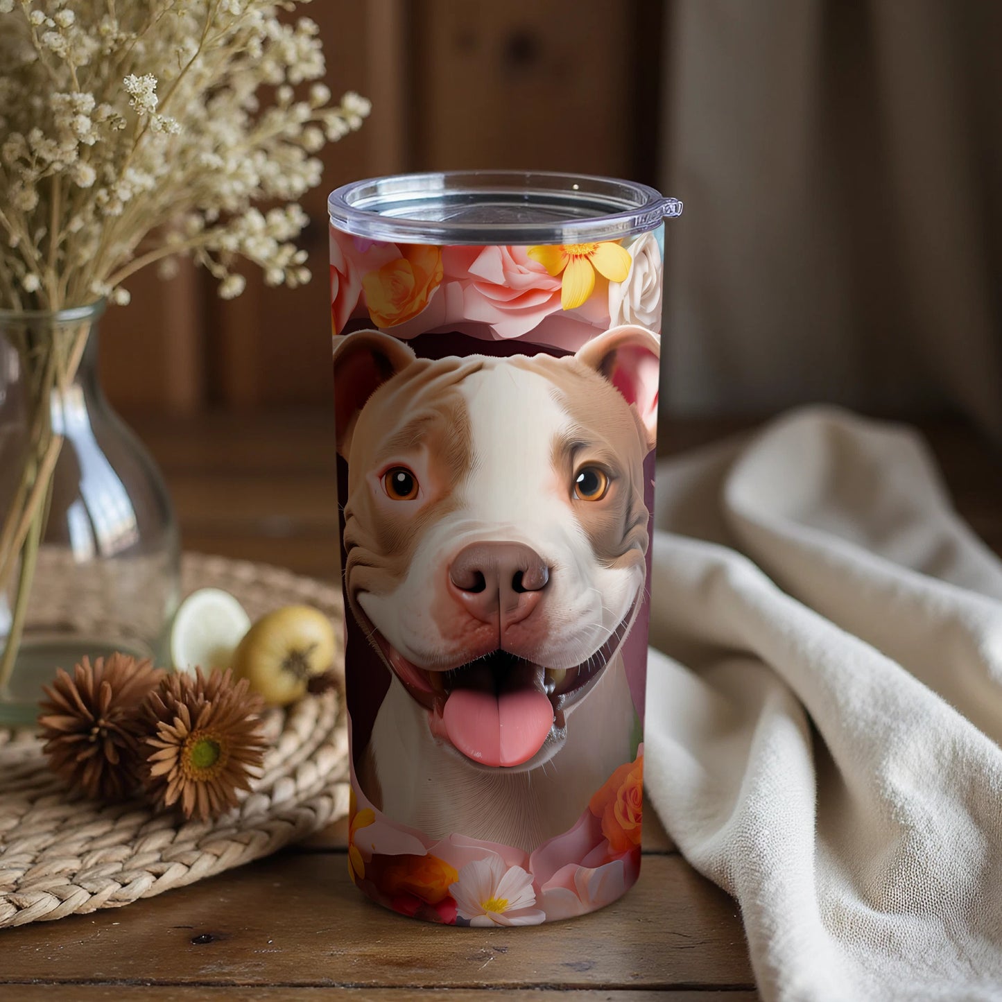 Smiling Pitbull Floral Pattern Travel Insulated Tumbler product type