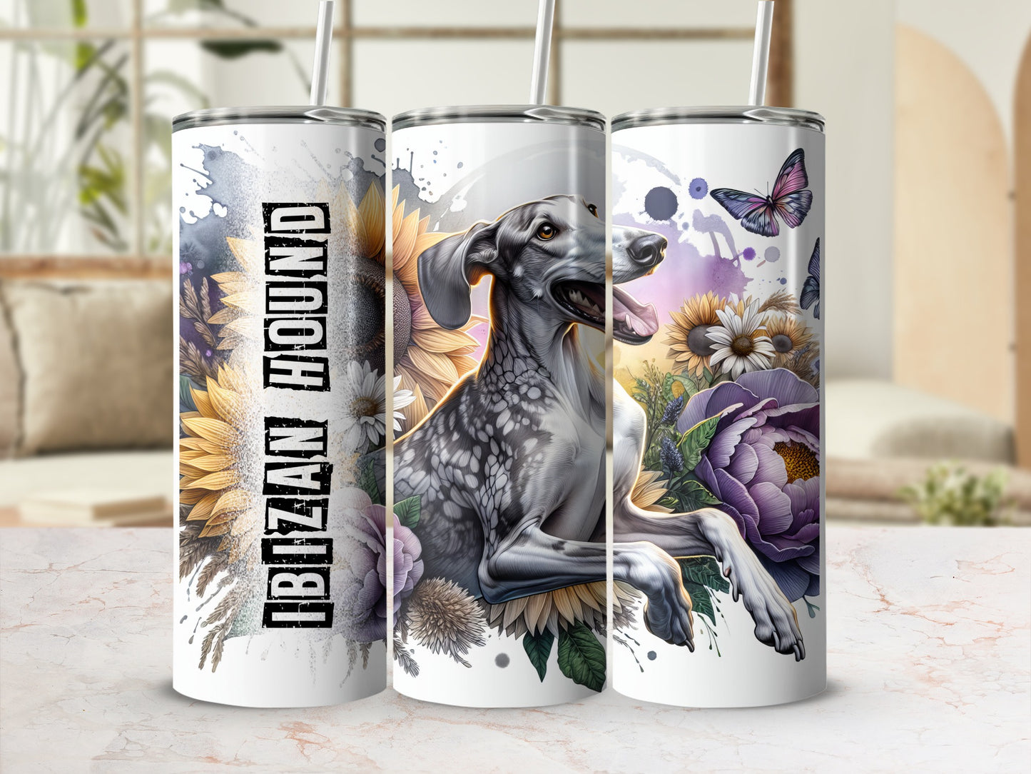 Ibiza Hound artwork on three white tumblers with floral and butterfly accents.