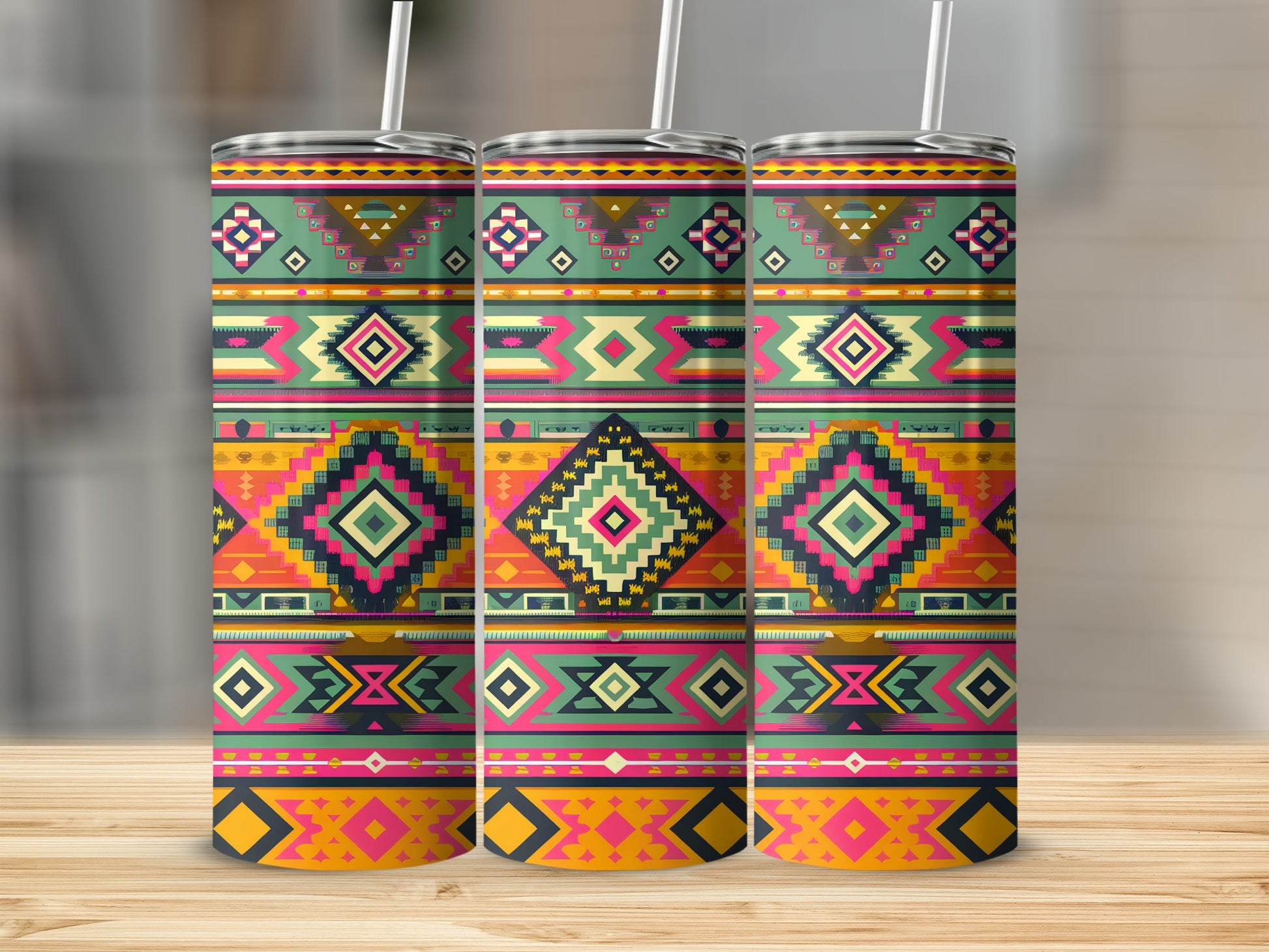 Three tumblers with colorful geometric Southwestern pattern and straws.