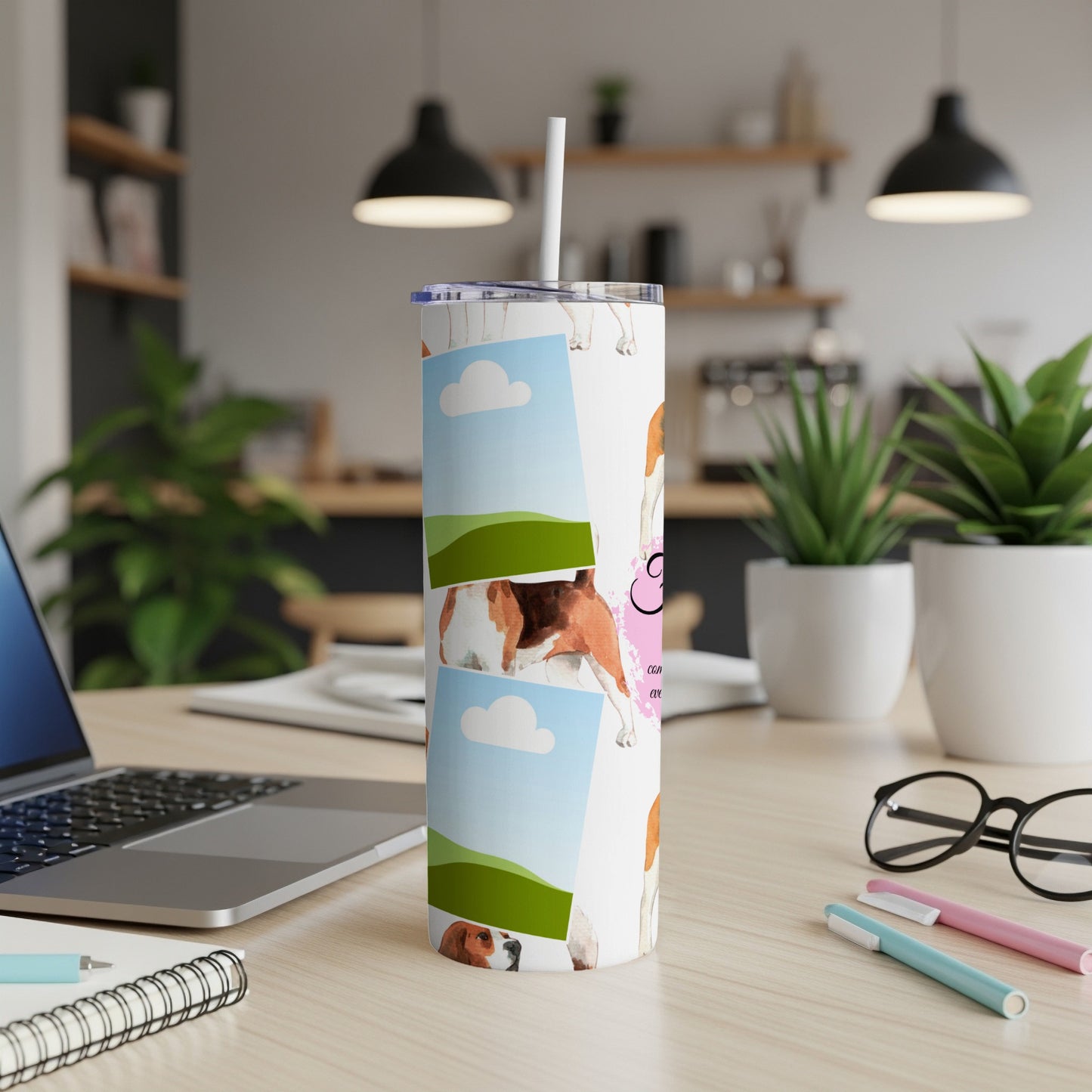 Tumbler with beagle dog illustrations and a pink heart with text.