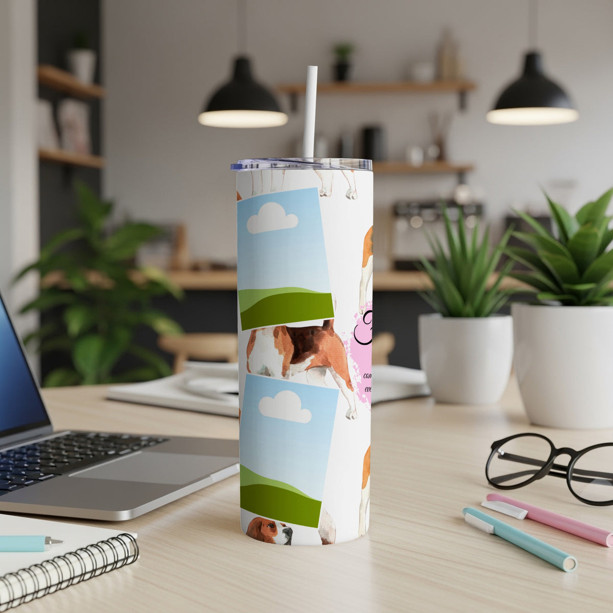 Tumbler with beagle dog illustrations and a pink heart with text.
