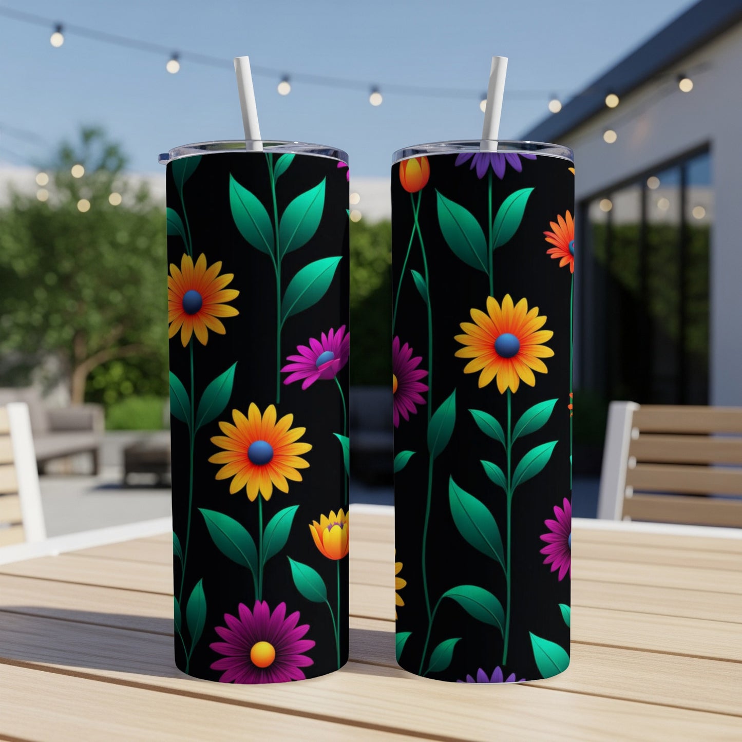 Two black tumblers with a colorful floral pattern of daisies on a patio table.
