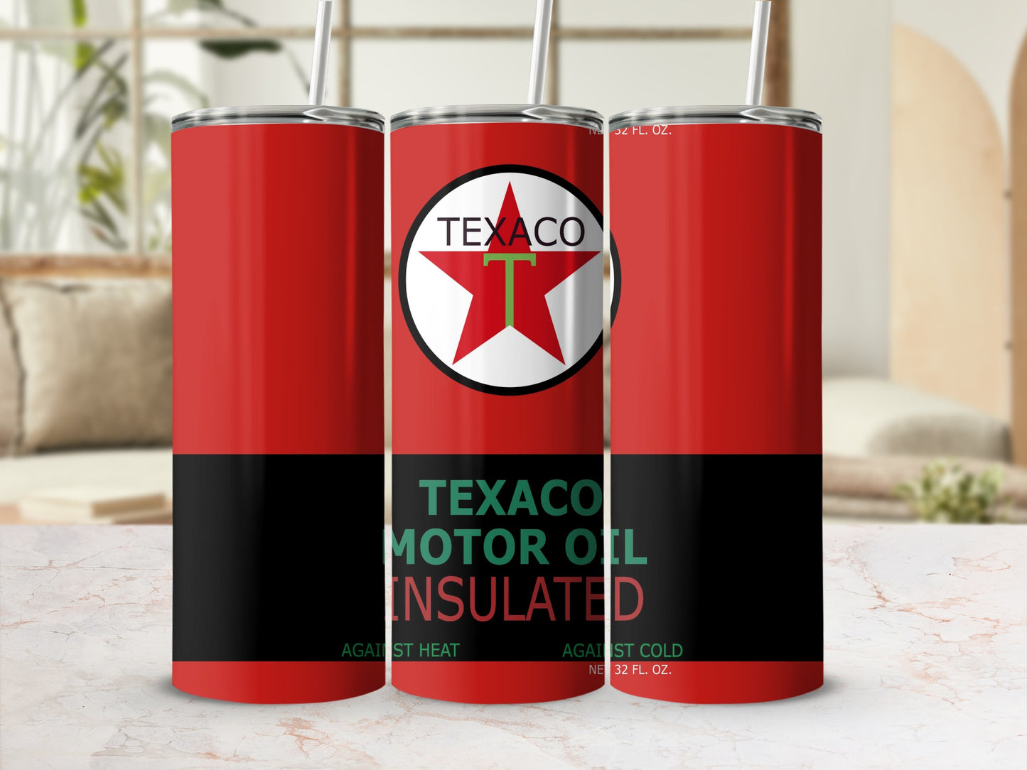 Texaco Motor Oil insulated tumbler with red, black, and white branding.