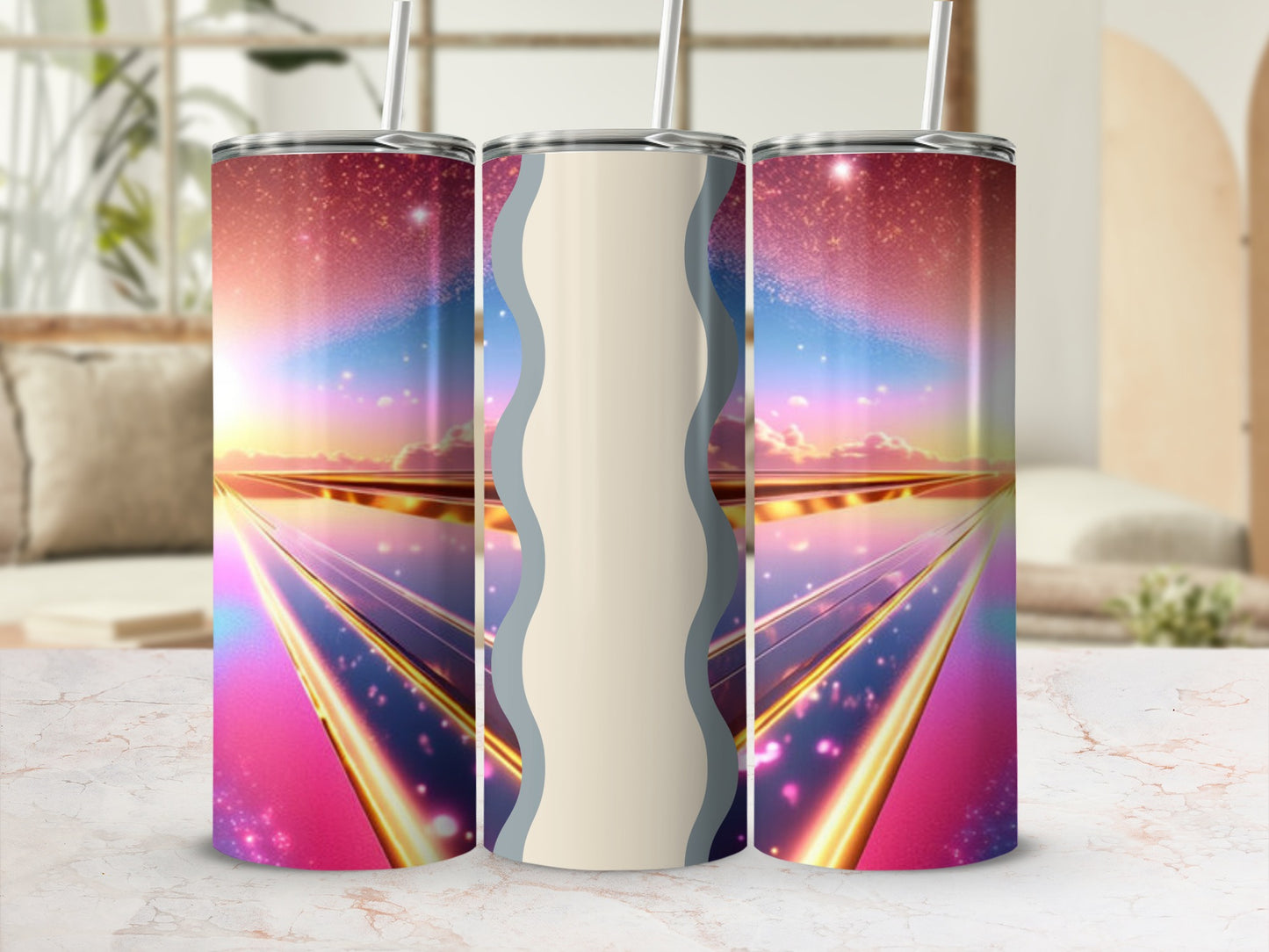 Three tumblers with a cosmic sunrise and starry sky design.