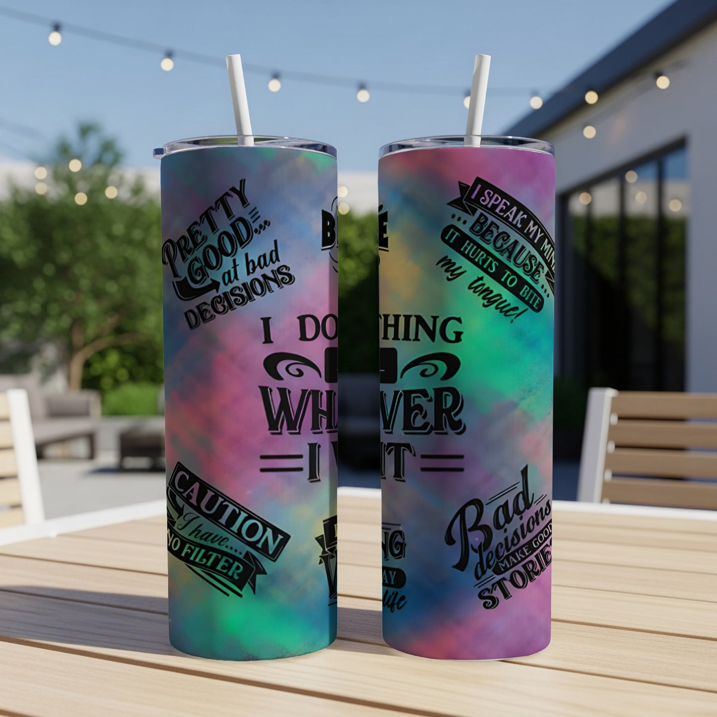 Two tumblers with colorful tie-dye backgrounds and text like "Bad Decisions."
