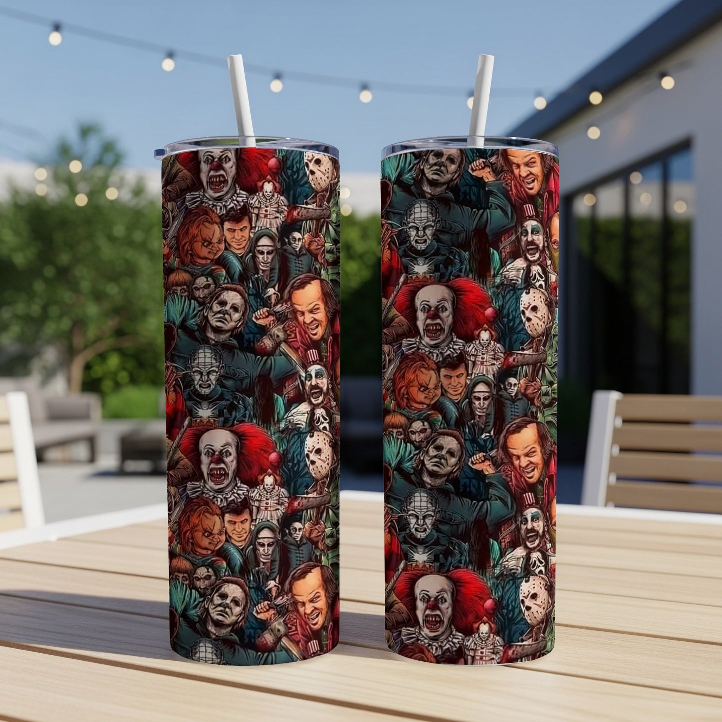 Two tumblers feature a collage of famous horror movie villains.