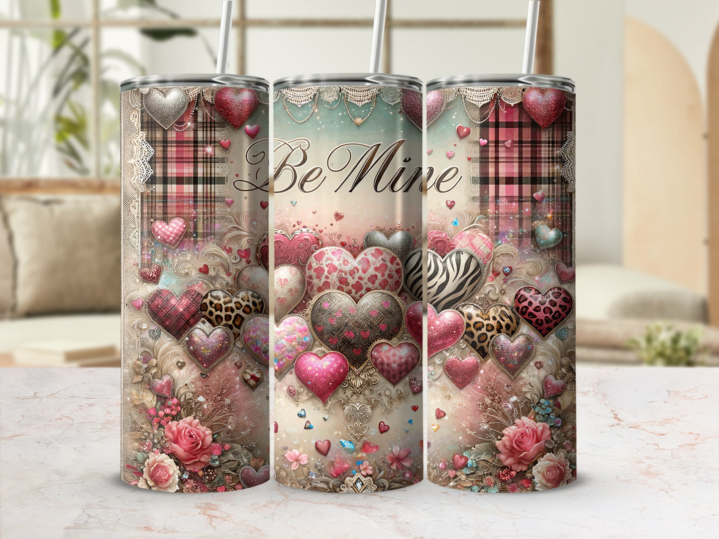 Be Mine Hearts Plaid Glitter Roses Tumbler product type