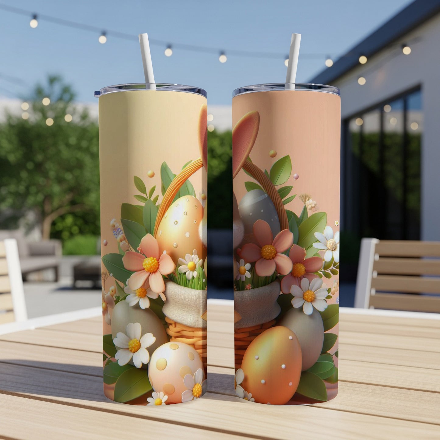 Easter-themed tumblers with eggs, flowers, and bunny ears design.