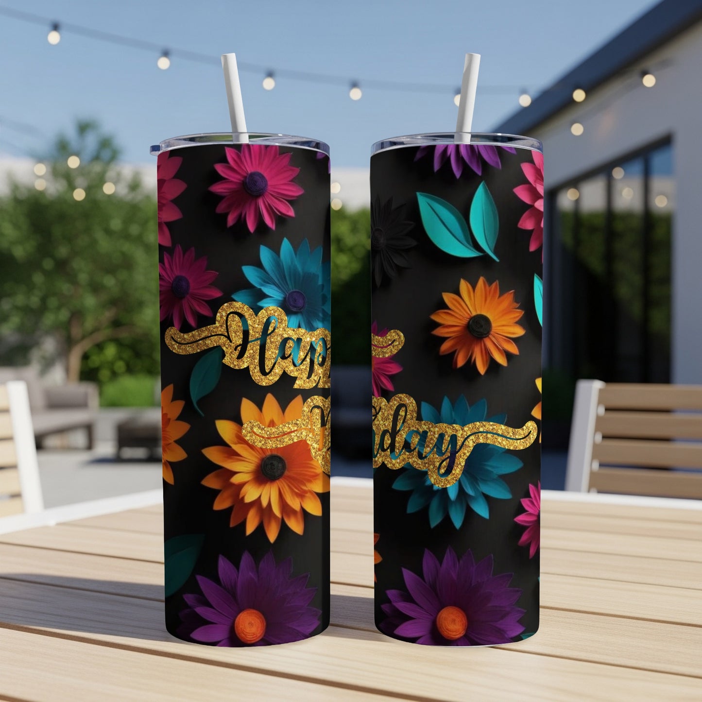 Two tall tumblers with "Happy Birthday" text and colorful floral designs.