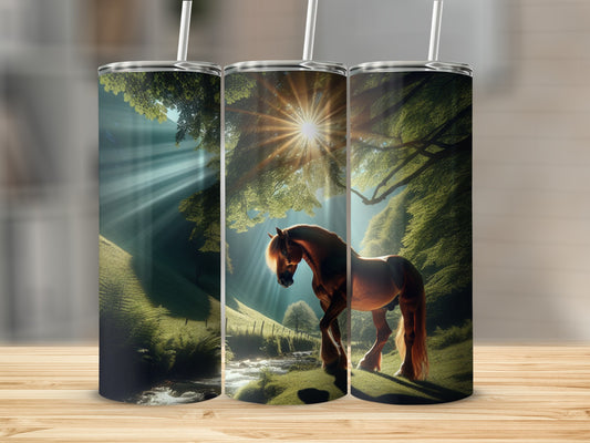 Horse in sunlit forest clearing with stream, detailed digital art.