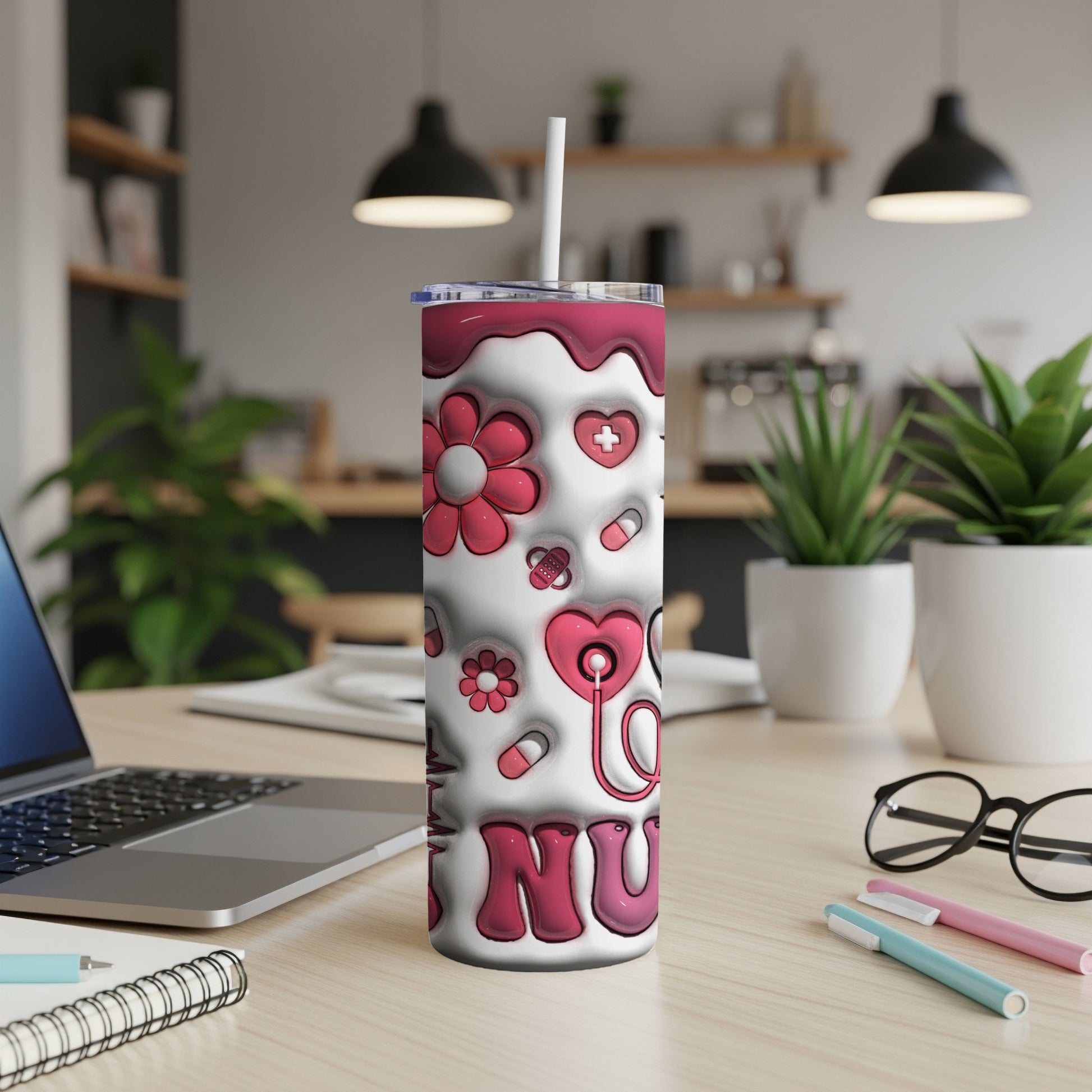 Pink floral and medical icons on a white tumbler with "NURSE" text.